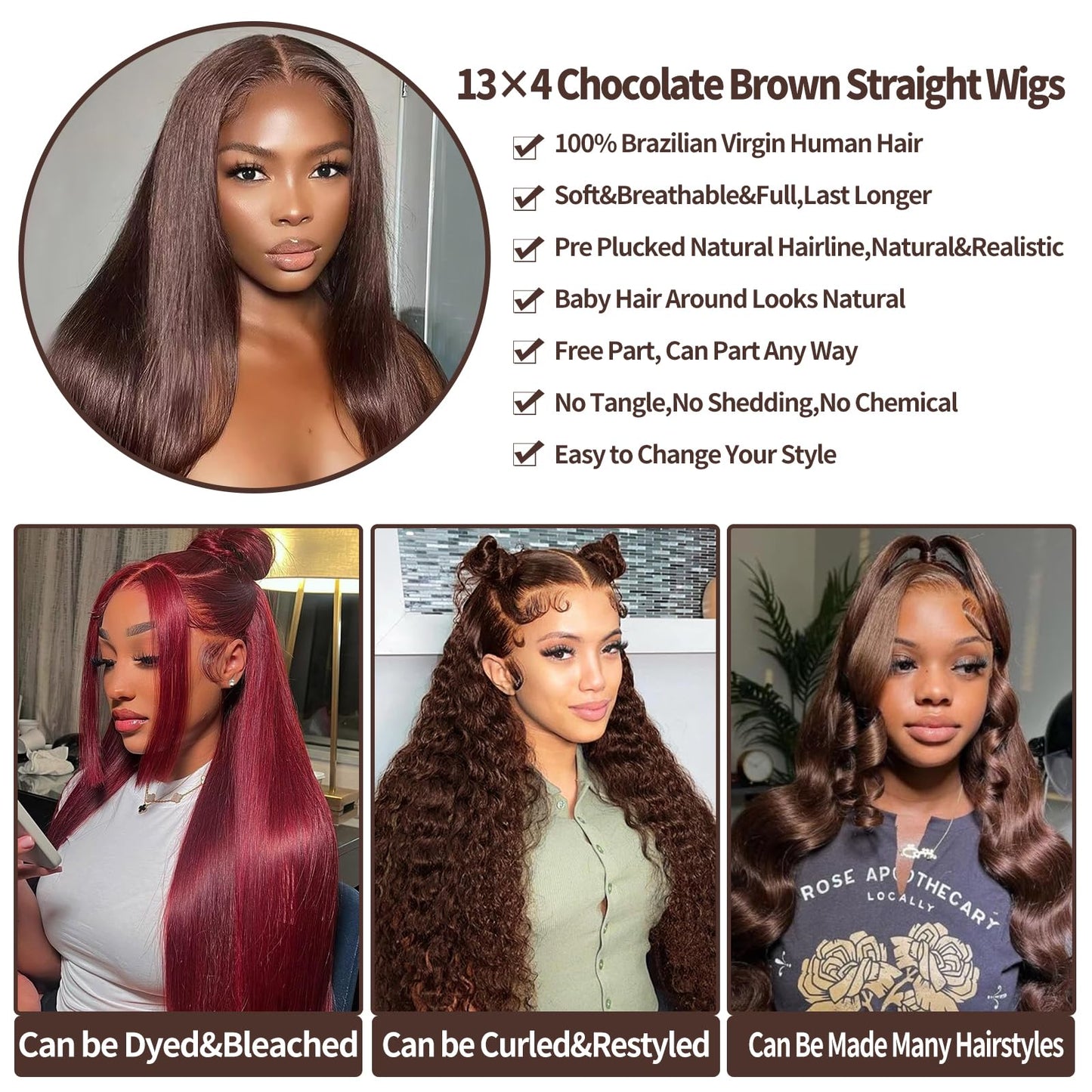 rilago Brown Straight Lace Front Wigs Human Hair 200 Density Chocolate Brown Lace Front Wig Straight 13x4 HD Transparent Full Lace Frontal Wigs Human Hair Pre Plucked 4# Brown Colored Wigs 24 Inch
