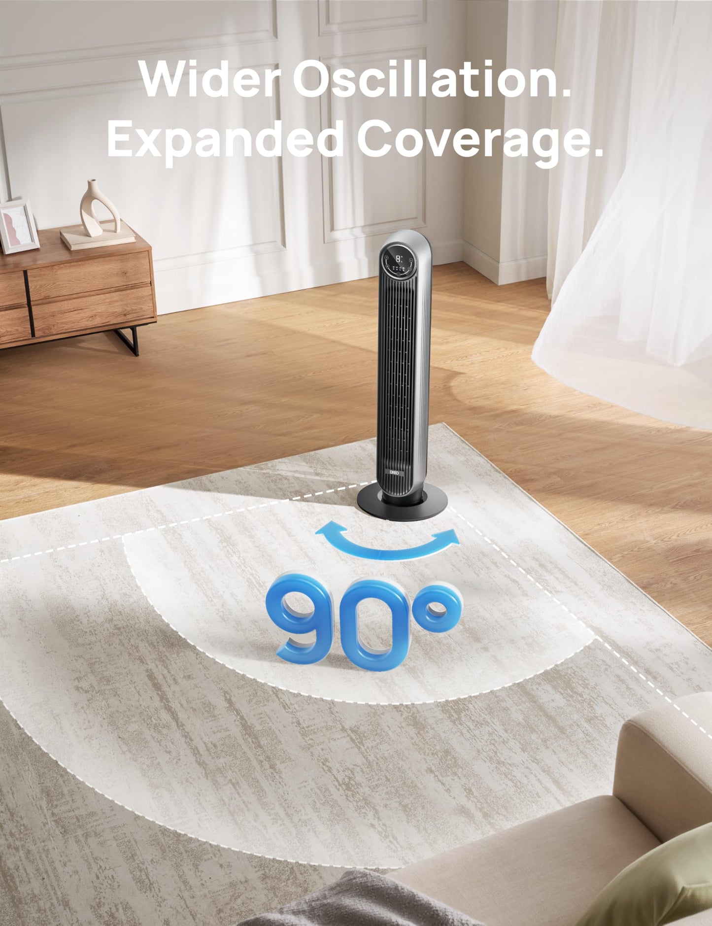 DREO Bladeless Tower Fan - 25ft/s, 4 Speeds, 4 Modes, 90° Oscillation, 8H Timer, Ultra Quiet for Bedroom, Indoors, Silver (Tower Fan 307)