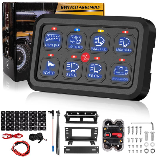 8 Gang Switch Panel Control Panel, RGB Toggle Momentary Pulsed with Auto Dimmable Universal Auxillary Switch Panel Circuit Control Relay Box for Car Pickup Truck Jeep Boat UTV ATV Waterproof