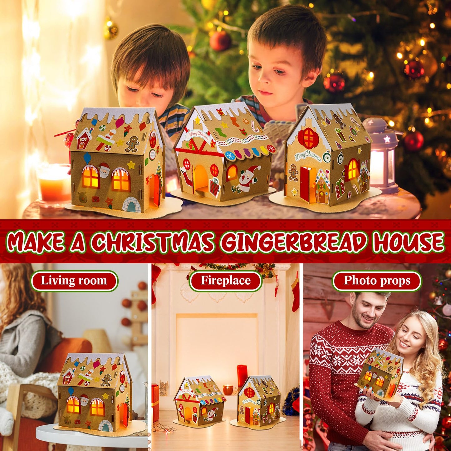 Hiboom 15 Pack Christmas Craft Kit Large Christmas Gingerbread House Kit with Flameless Candle Xmas Craft House Make a Gingerbread House Craft 3D Xmas Craft for Holiday Party Game Craft Decor Supplies