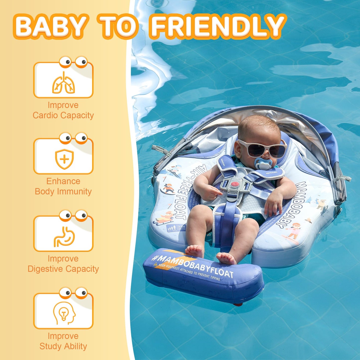 Baby Floats for Pool with Canopy Removable UPF 50+ UV Sun Protection Canopy，Mambobaby Infant Pool Float Non Inflatable Soft Skin-Friendly Leather Material Infant Swim Float 3-24 Months
