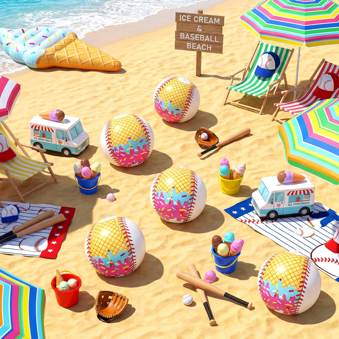 Civaner 12 Pcs Ice Cream Drip Baseball Themed Beach Ball 7.87" Bulk Summer Pool and Beach Game Gifts for Summer Ice Cream Baseball Party