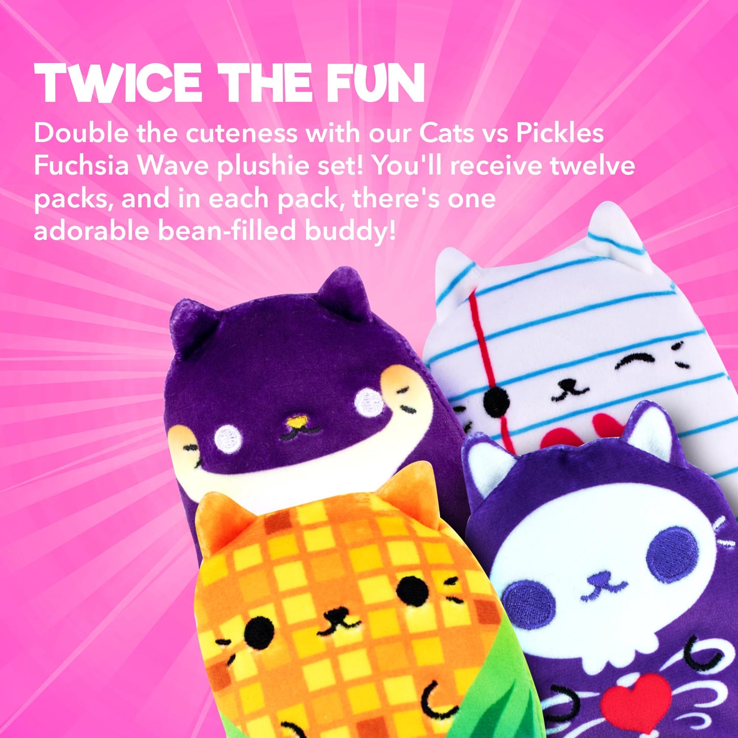 Cats vs Pickles 12pk Mystery Bags Fuchsia Wave B 4" Bean Filled Plushies | Blind Bags for Girls and Boys | Surprise Bean Collectibles | Sensory Friendly Mystery Bag Toys for Kids & Adults | 12-Pack