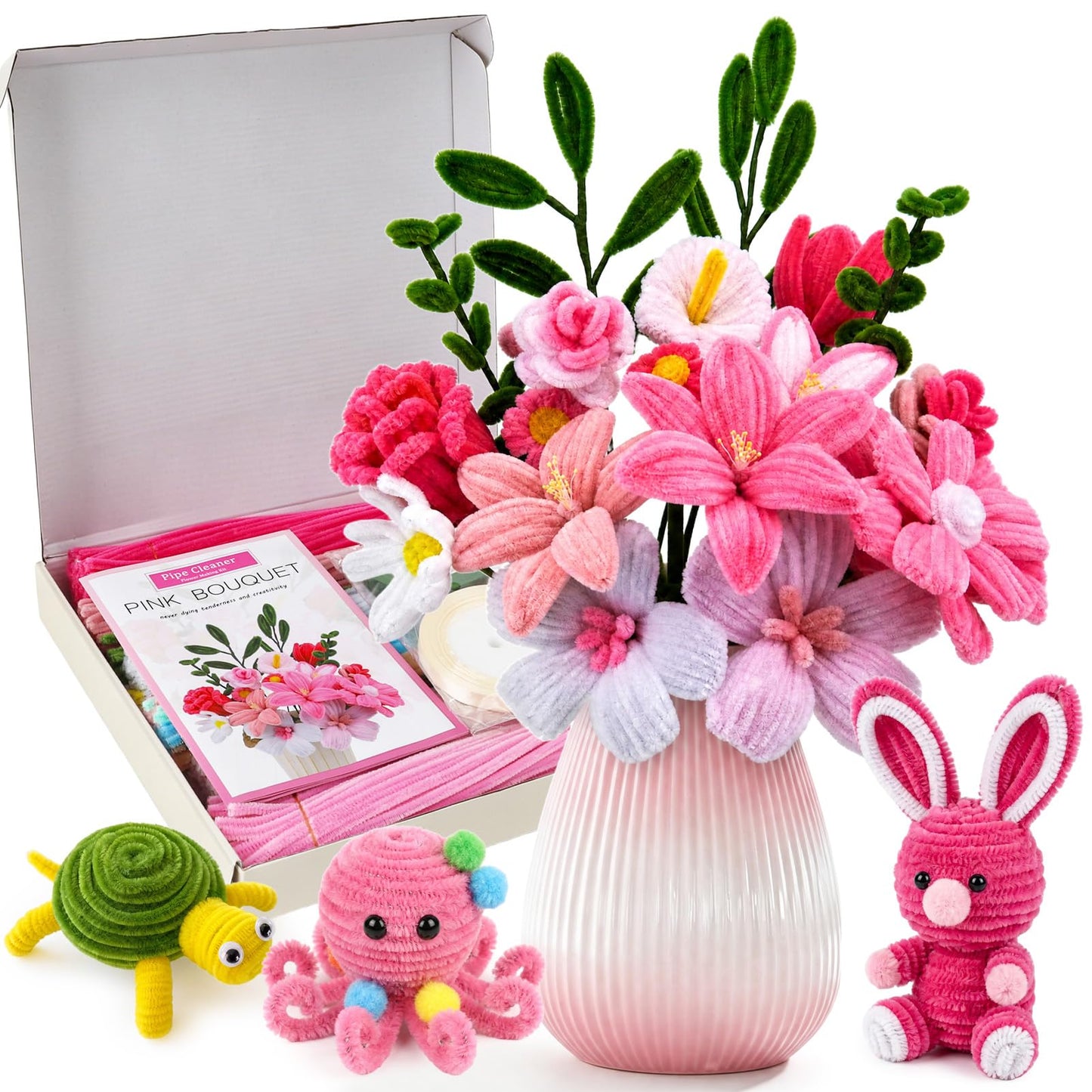 shaXsha Pipe Cleaner Flower Kit Bulk, 1160+ PCS All-in-One Beginner Craft Set with 650 PCS Pipe Cleaners, 500+ Beads & Eyes, Pink-Themed Materials for Creative DIY, Illustrated & Video Guides