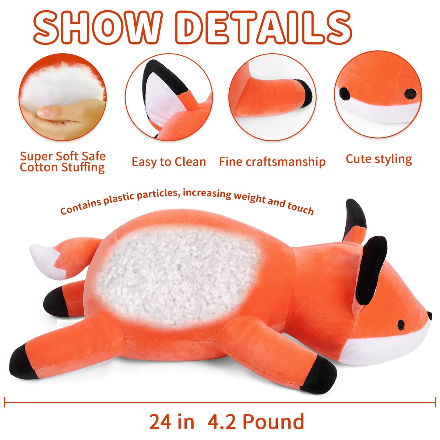 WeBingo Weighted Stuffed Animals, 24" Weighted Fox Plush Toy 4.2 Lb Soft Pillow Cute Giant Plushie Gifts for Kids & Adults(Fox)