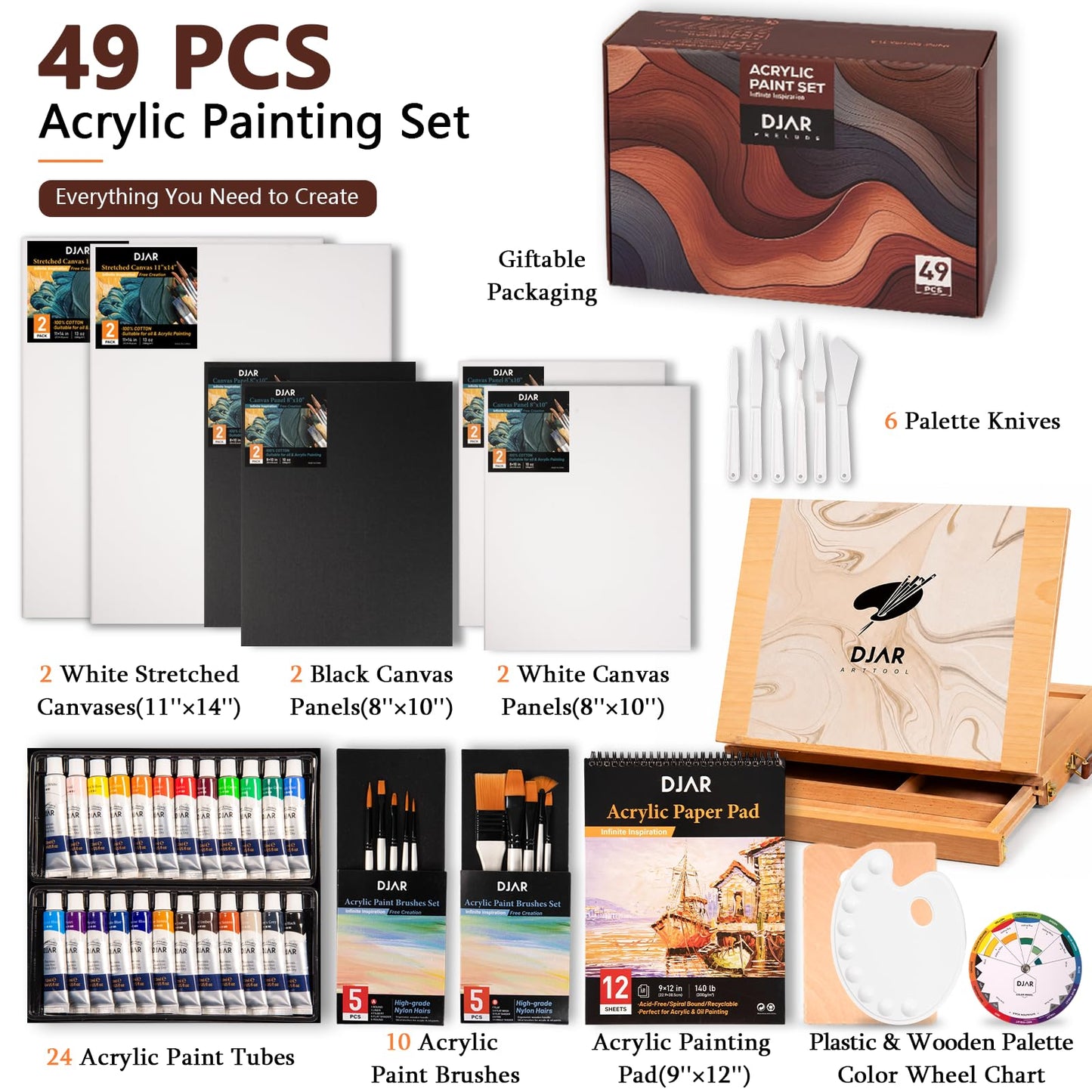 DJAR 49 pcs Acrylic Paint Set with Tabletop Easel Box, 24 Acrylic Paint Colors, Sketchbook, Painting Pads, and Complete Acrylic Art Supplies Kit for Adults, Teens, and Beginners