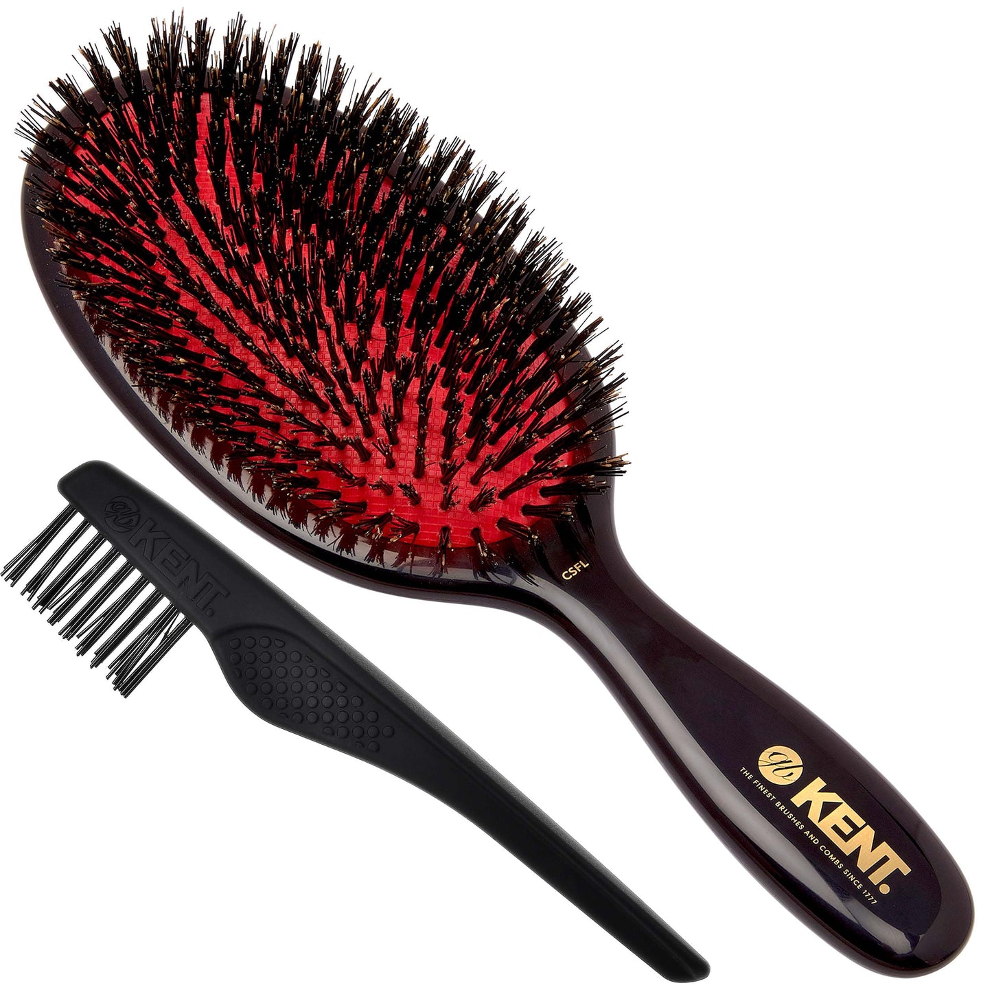 Kent CSFL Classic Shine Large Oval Cushion Straightening Brush and Hair Detangler - Natural Black Boar Bristle Hair Brush - Shine Hair Brush and Scalp Scrubber for Long Thick Hair + Hairbrush Cleaner