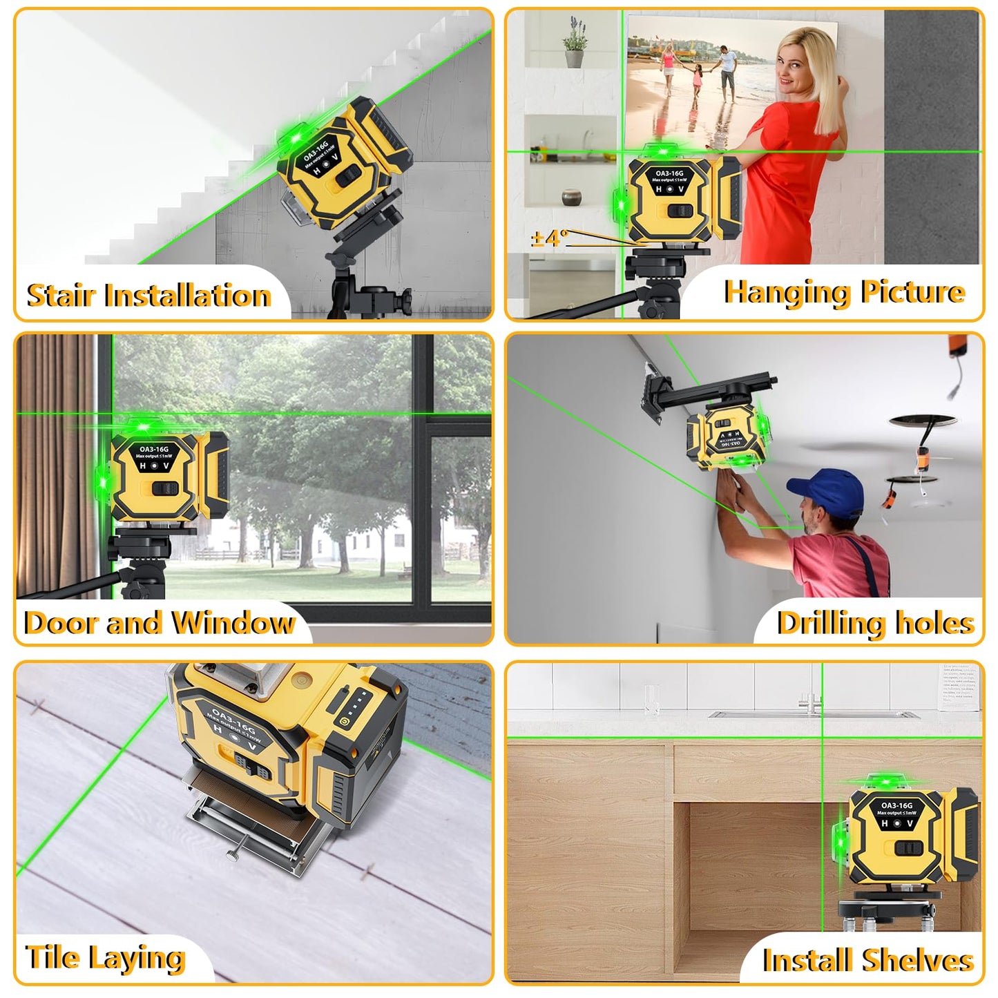 16 Line Laser Level 360 Self Leveling,Professional 4 x 360 Laser Level with Pulse Mode,4D Green Alignment Laser for Construction and Picture Hanging,with 2 Batteries,Magnetic Bracket,Hard Carry Case