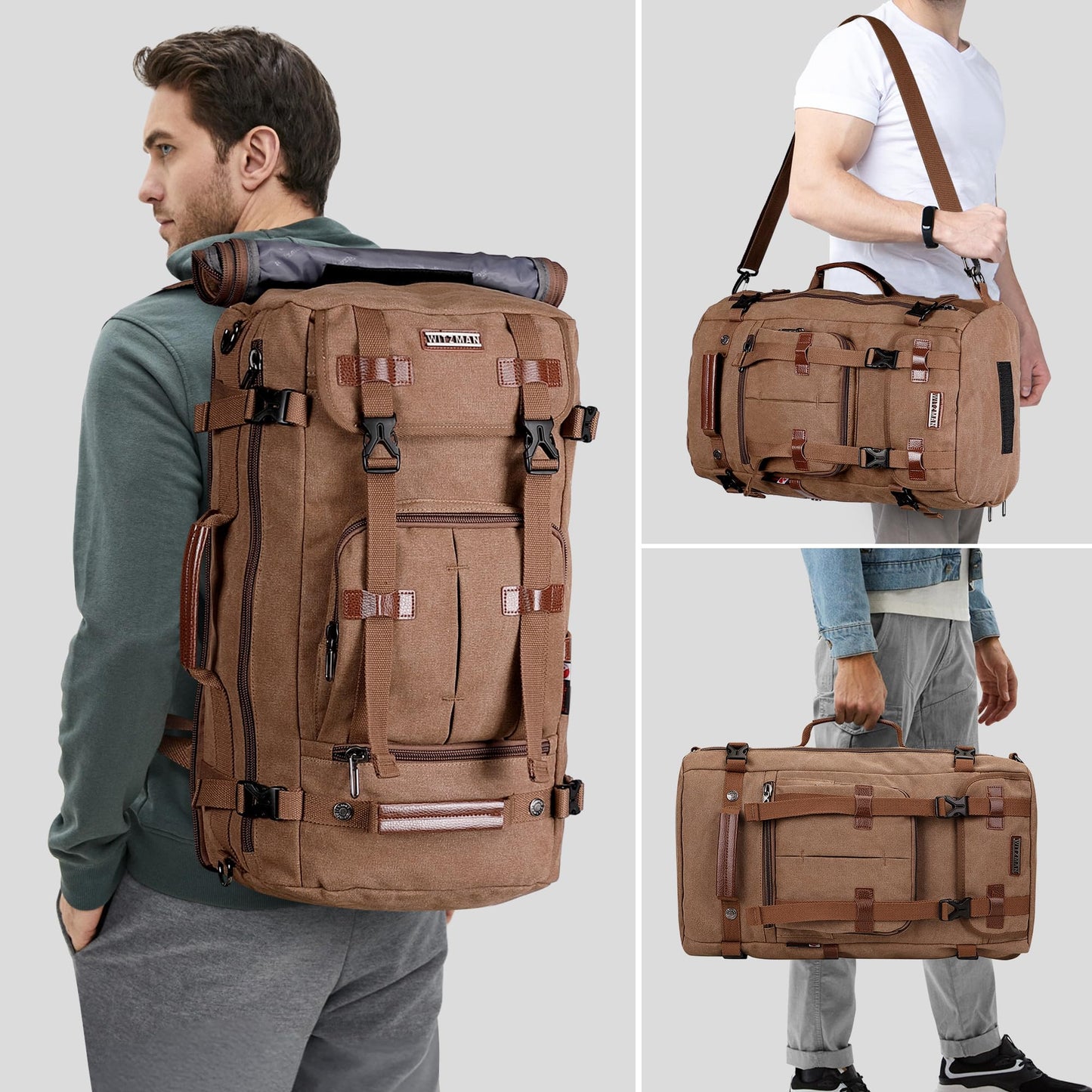 WITZMAN Canvas Backpack Vintage Travel Backpack Large Laptop Bags Convertible Shoulder Rucksack(A519-1 Brown)