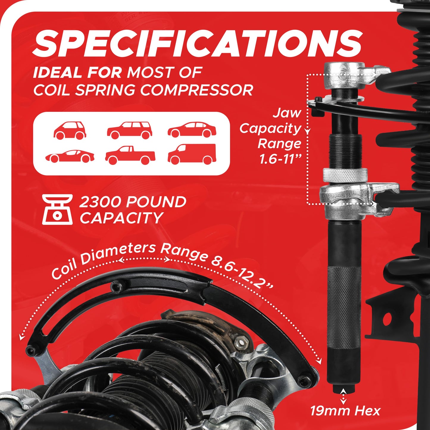 WINVAR Heavy Duty Coil Spring Compressor Tool – Ultra Rugged Macpherson Strut Remover Installer Tool with Safety Jaws & Holder for Suspension Work Truck, Car, UTV, ATV – 2 Pcs with Max Load 2300Pound