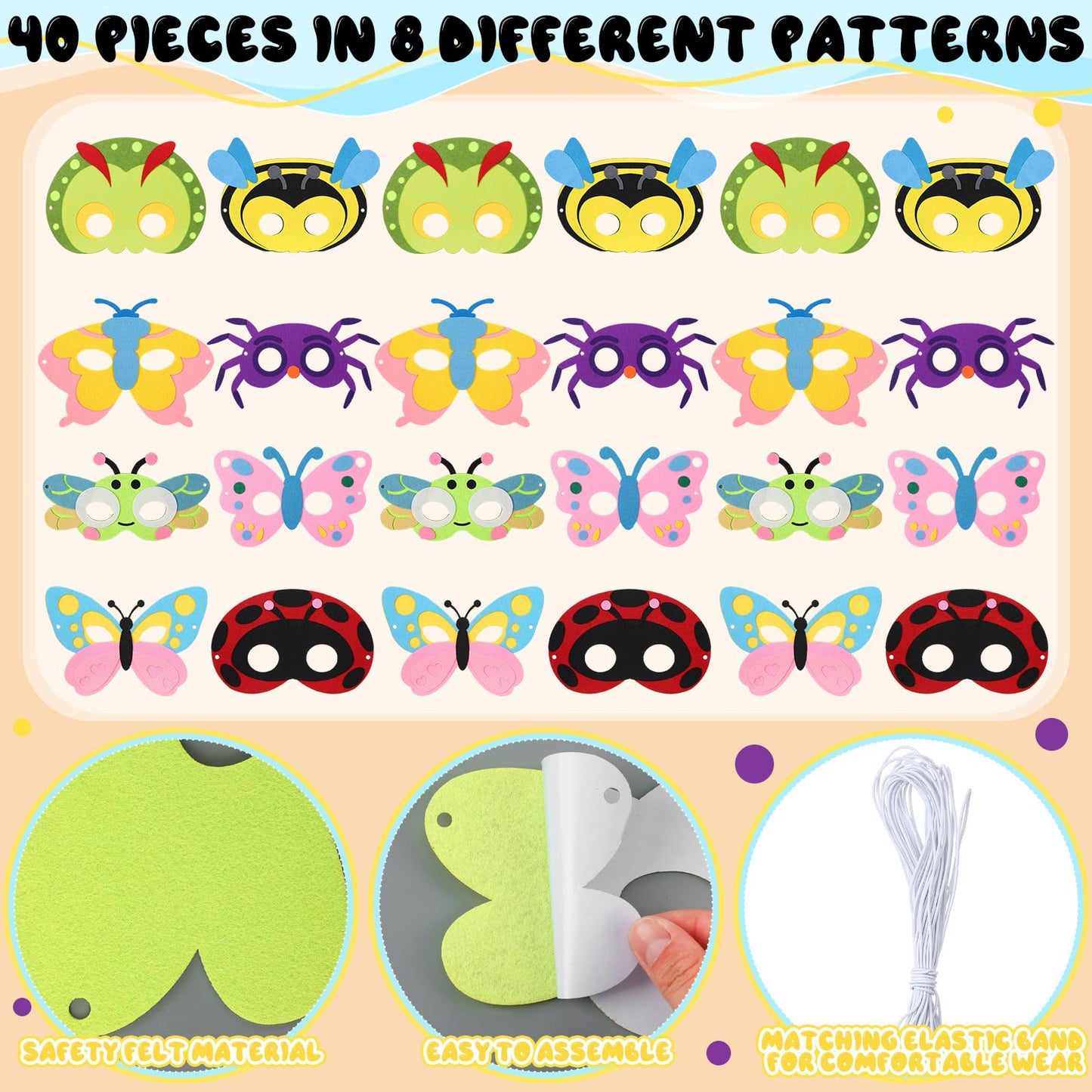 Teyva Daily 40 Pack Vbs Felt Mask Craft Kit Vbs Themed DIY Party Supplies Spring Bugs Masks Art Sunday School Classroom Home Activities Supplies Insect Dress up Birthday Accessory