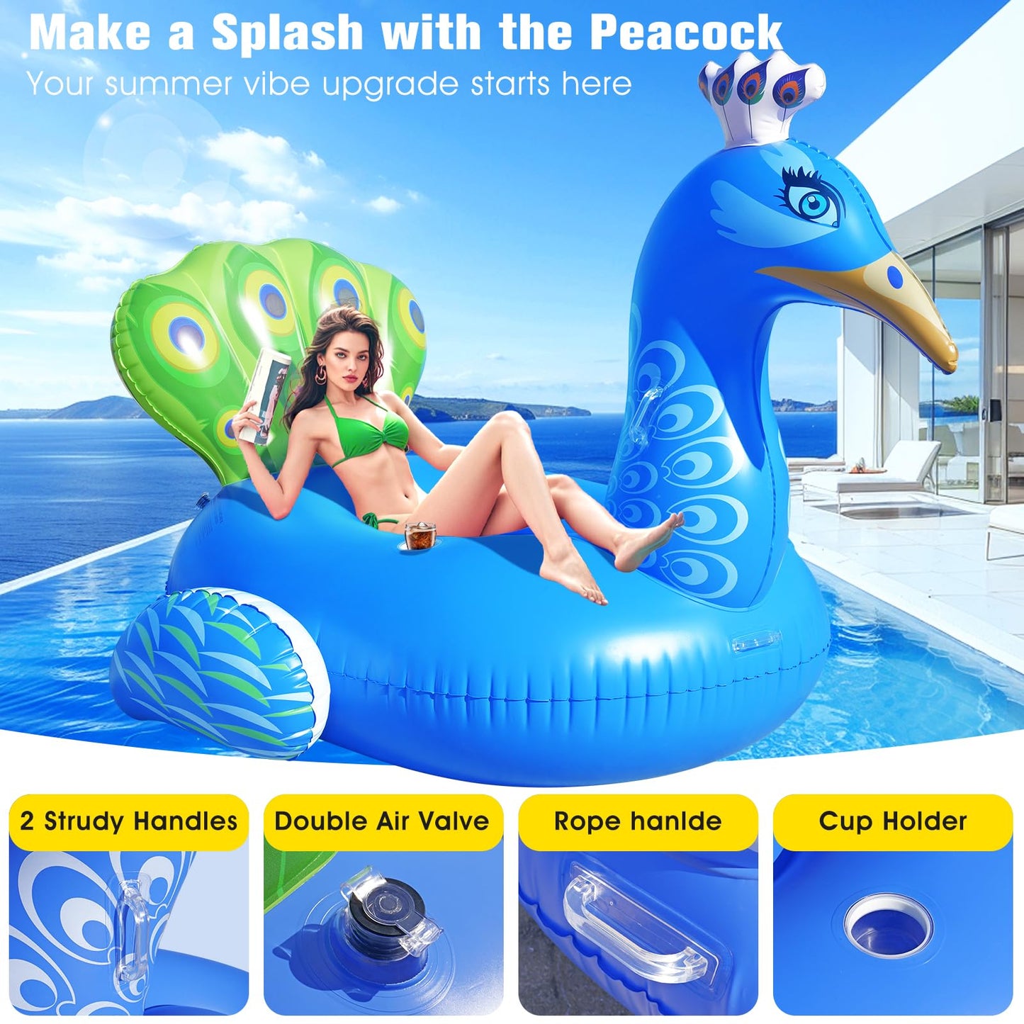 DeeprBetter Inflatable Peacock Pool Float, 2025 Gaint Funny Pool Floats Adults, Heavy Duty Pool Floaties Lounger, Large Animal Pool Floats Inflatable Ride-On Floaty for Swimming Pool Party Water Fun