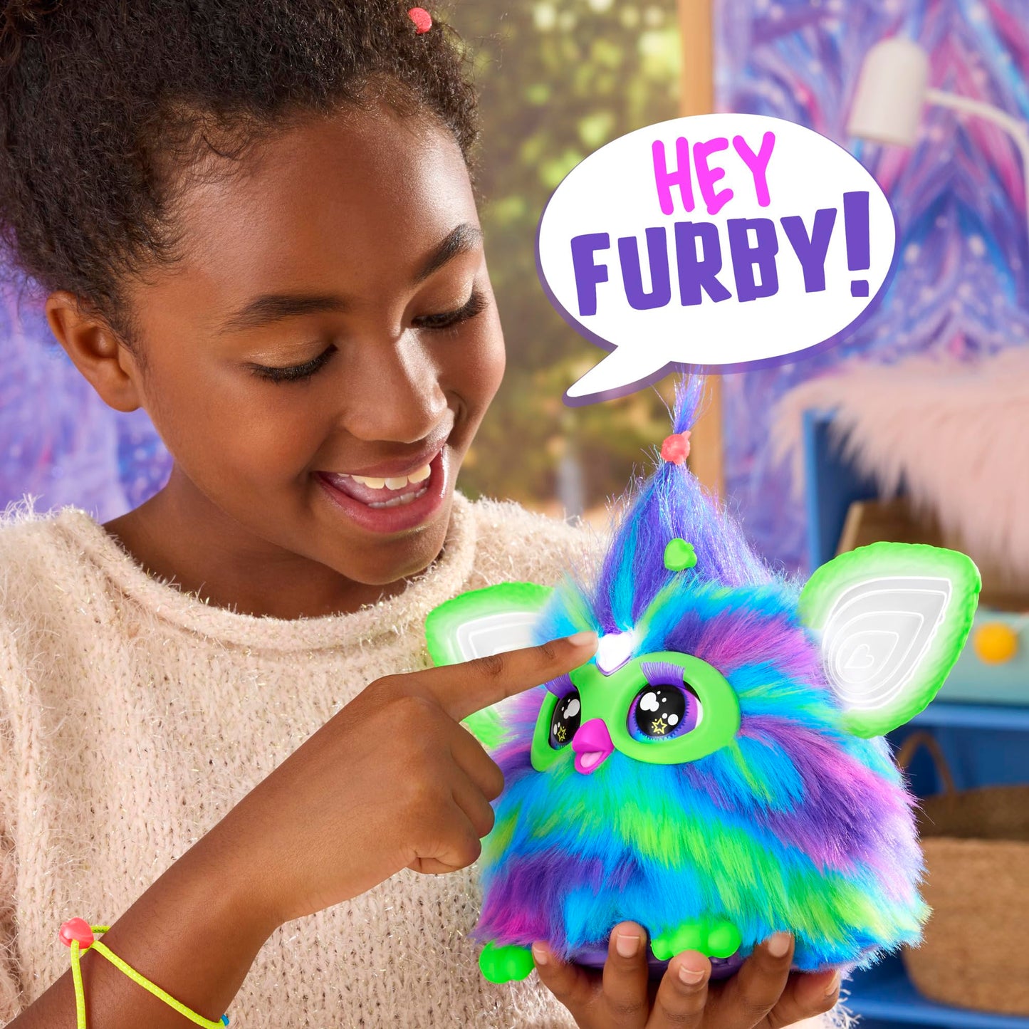 Furby Galaxy Edition, Glow in the Dark, 15 Fashion Accessories, Interactive Plush Toys for 6 Year Old Girls & Boys & Up, Voice Activated Animatronic (English Version)