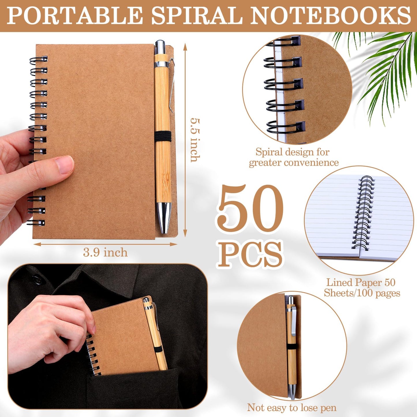 Engrowtic 50 Set Bulk Notebooks with Pens Appreciation Gifts, Spiral Kraft Pocket Notebooks Lined Journal with Bamboo Pens Personalized Gifts for Employee Teachers Father's Day Back to School Favors