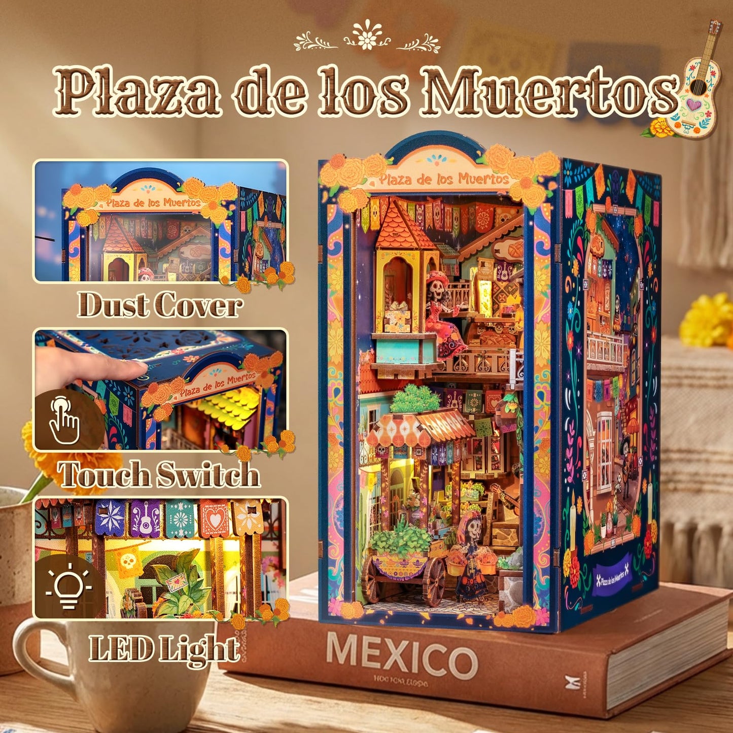 CUTEBEE Book Nook Kit - DIY Miniature House for Adults, 3D Wooden Puzzle Bookshelf Insert Decor, Day of the Dead Booknook, Mexican Folklore LED Miniature Kit, Unique Gifts (Plaza de los Muertos)