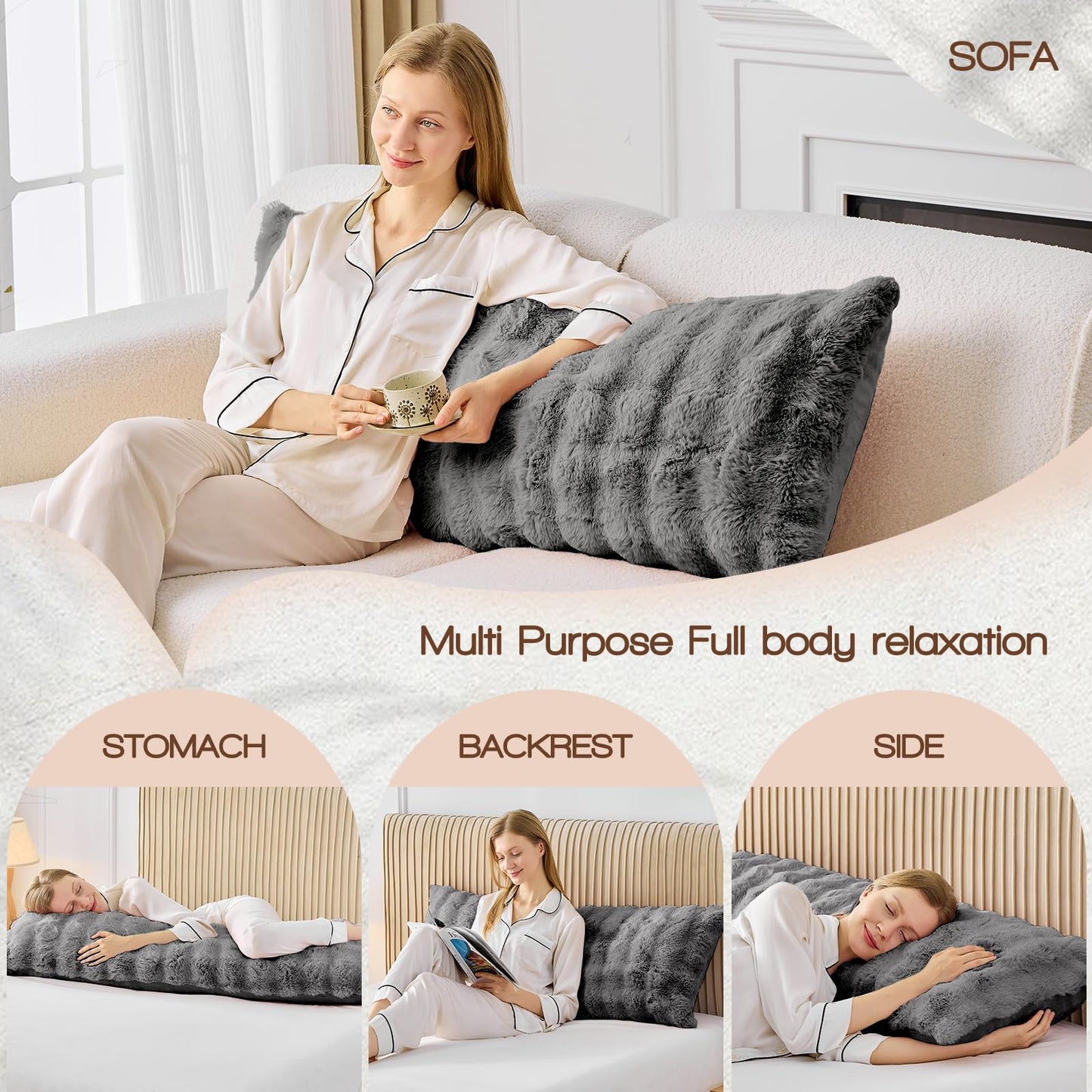 YZ HOME Faux Fur Fluffy Body Pillow for Adults - Firm Body Pillow Insert with Shredded Blue Memory Foam, Adjustable Height, Soft Support for Side Sleepers, Pregnant Women, Washable, 20x54 Inch (Grey)