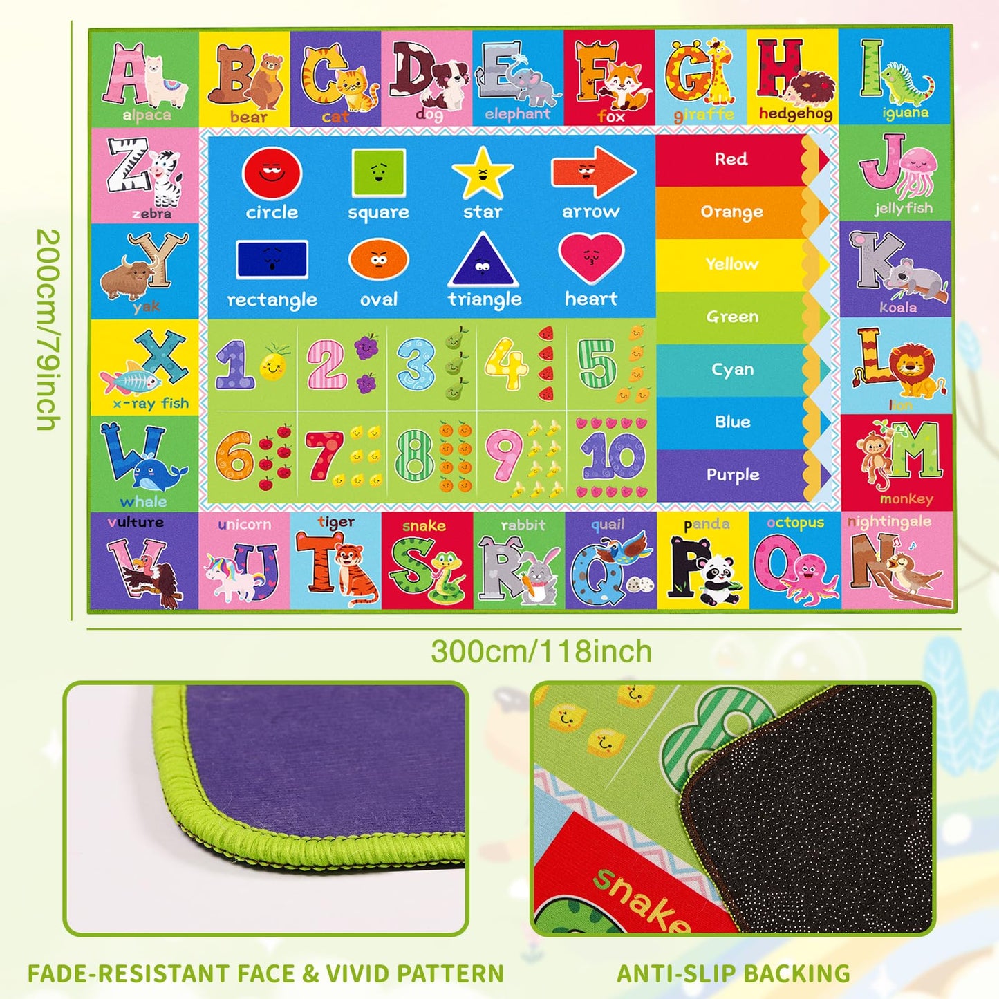 ABC Carpet, Kids Rugs for Playroom, Educational Play Mat for Kids, Preschool Rugs with ABC, Numbers, Animals Learning Carpet for Bedroom Playroom Classroom Baby Toddler Children (Green, 118X78.7 INCH)