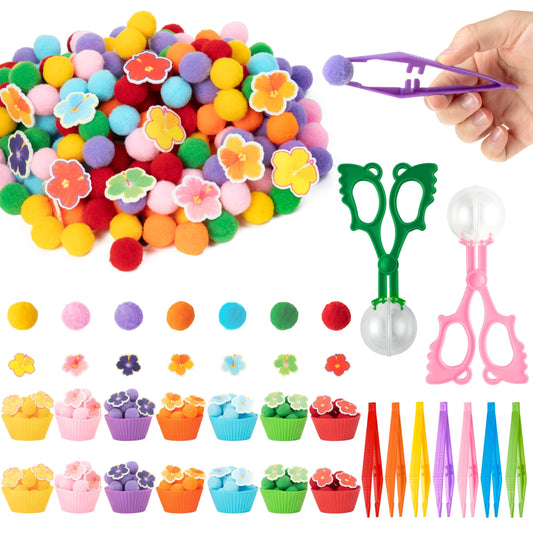 EZdhuawuse Summer Sensory Bin Fillers - 304Pcs Hawaii Flower Fine Motor Toys Counting Sorting for Kids, Felt Colorful Hawaii Flower Pom Poms Cup Clip for Preschool Education Birthday Gift Party Favors