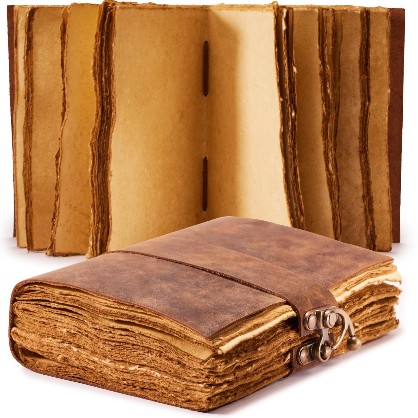 NomadCraftsCo. Vintage Leather Journal - Lock Closure, Book of Shadows Journal, Grimoire Journal, Witch Journal, Vintage Journal 240 pages Antique Deckle Edge Paper