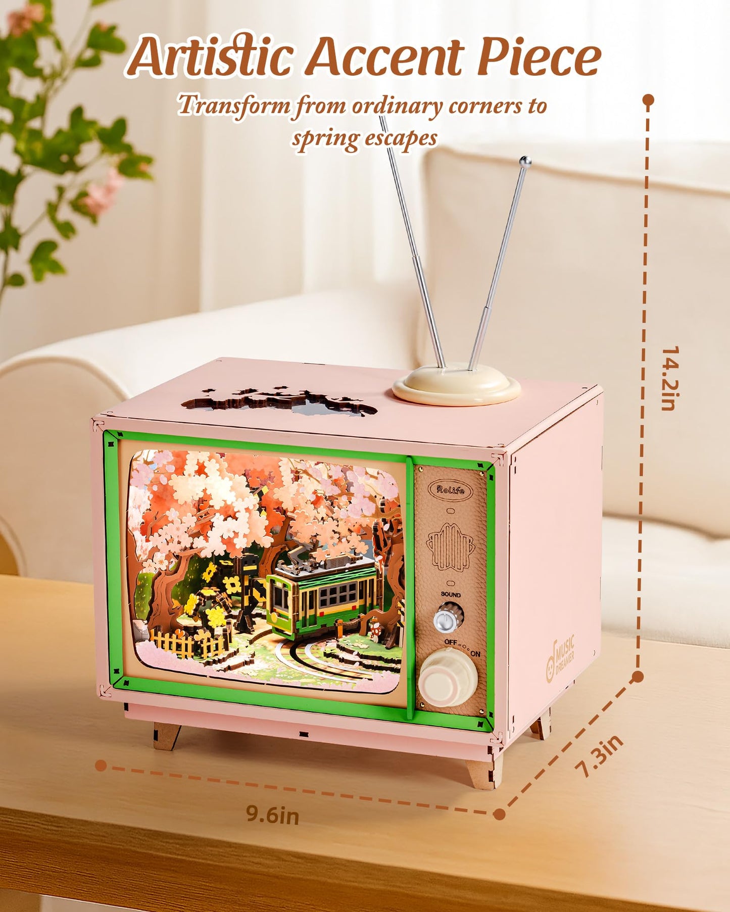 Rolife 3D Wooden Puzzles for Adults DIY Book Nook Kit 16" Japanese Cherry Blossom Music Box Toy Building Set Home Decor Gifts for Girls Boys Adults (Sakura Dreamy Tour)