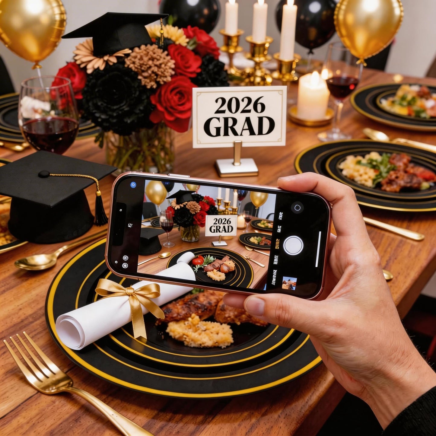 WELLIFE 210PCS Black and Gold Plastic Plates - Plastic Dinnerware Set for 30 Guests,Include 30 Dinner Plates, 30 Dessert Plates, 30 Black Cups 9 OZ, 30 Pre Rolled Napkins with Gold Silverware