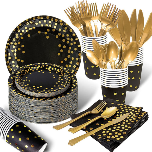 350PCS Black and Gold Party Supplies, Severs 50 Disposable Party Dinnerware, Gold Plastic Forks Knives Spoons and Golden Dot Paper Plates Black Napkins Cups for New Years Graduation Birthday Wedding