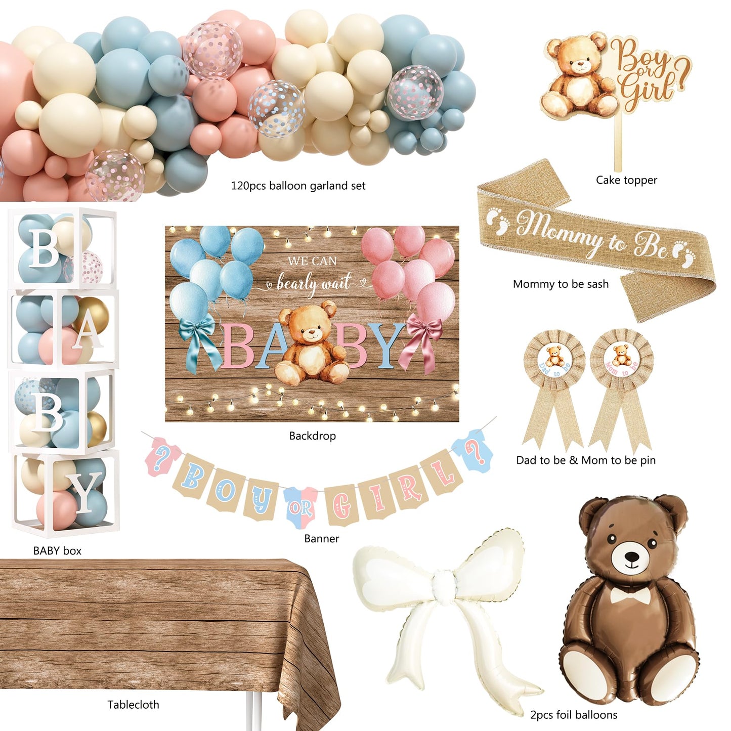 Bear Gender Reveal Decorations, He or She Gender Reveal Party Decoration, Boy or Girl Bear Theme Party Supplies with Backdrop BABY-Box Tablecloth Mom to Be Sash Dad to Be Pin Balloon Arch
