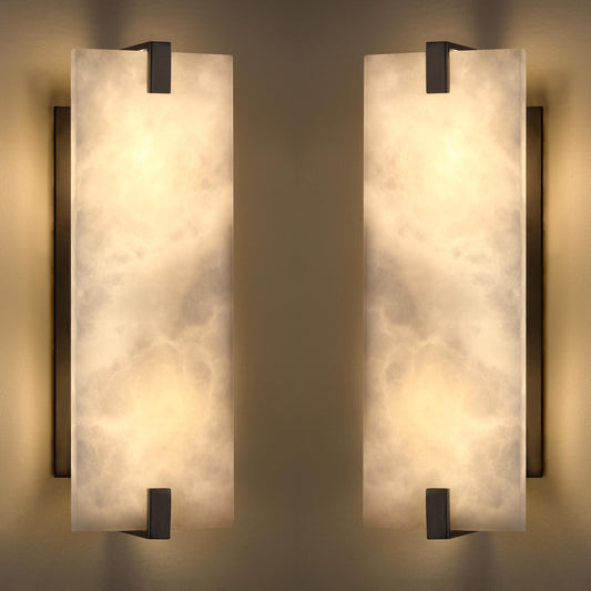 2 Pack 2 Light 15.63" Natural Square Alabaster Marble Bathroom Wall Sconce Modern Concise Style Wall Light Fixture,Black Finish for Bedroom Hallway Bedside Living Room
