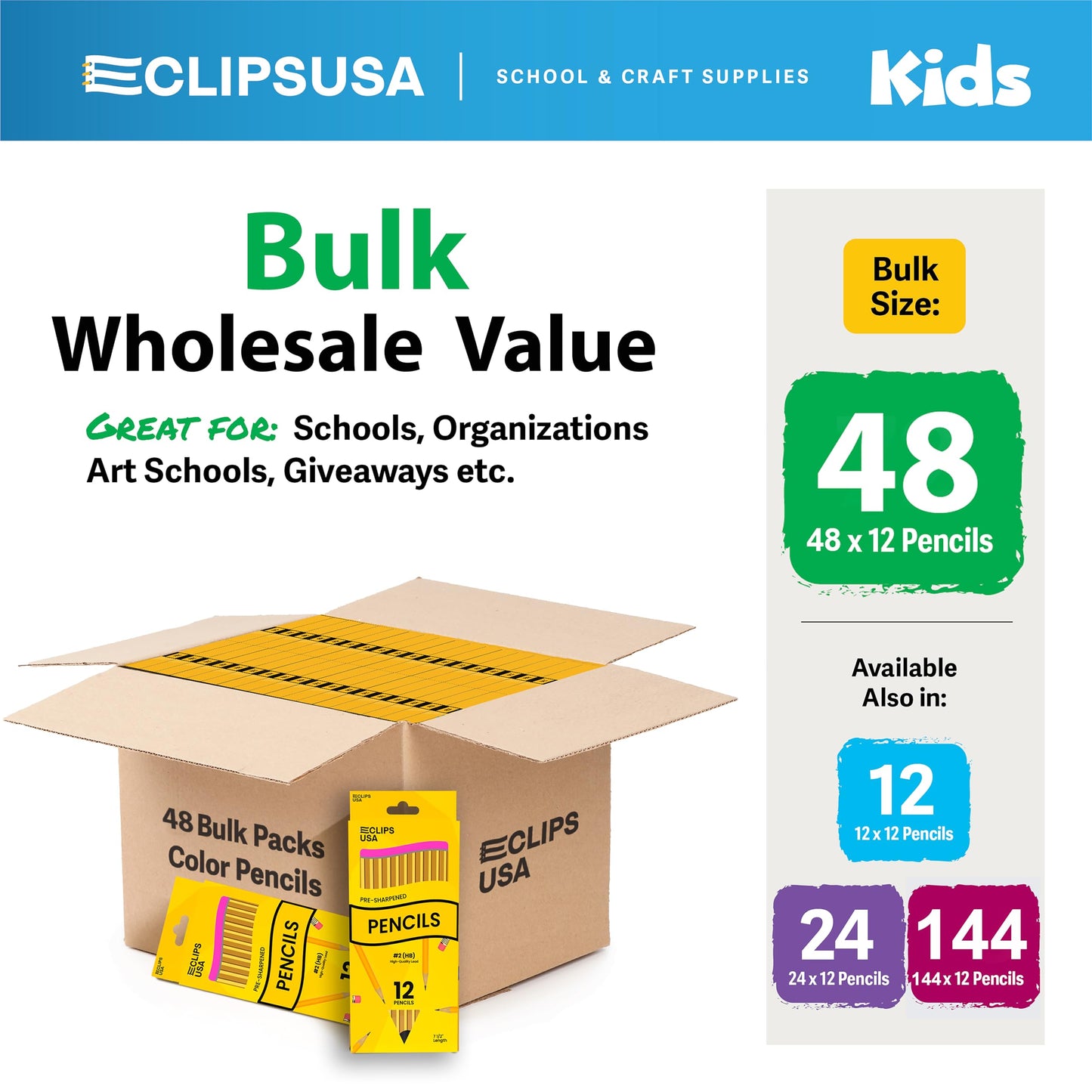 E-CLIPS USA Sharpened Pencils #2 Bulk, Classroom Must Haves School Supplies, Number 2 Pencils Bulk Office Supplies, 12 Per Box (48 Boxes)