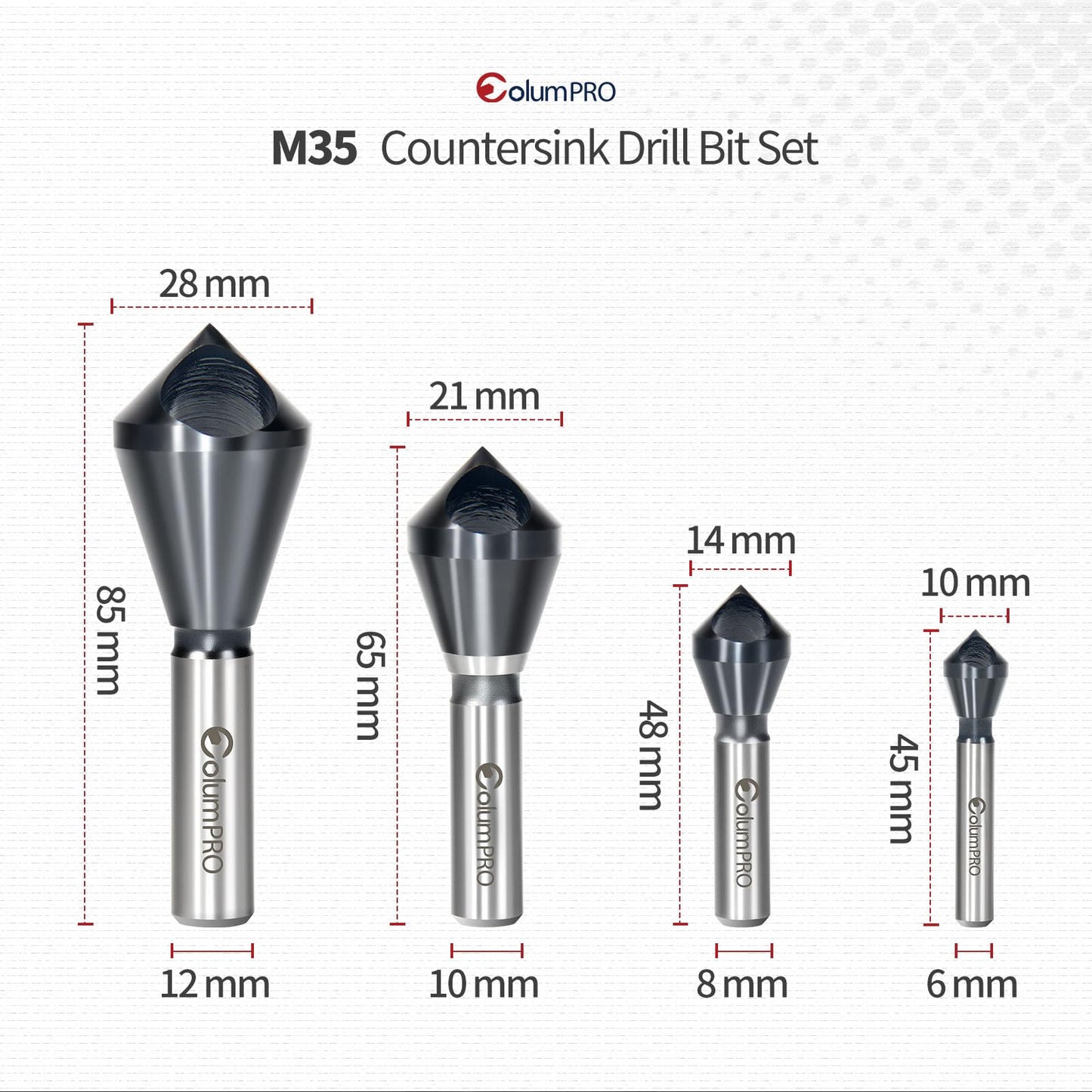 ColumPRO 4PCS Cobalt Single-End Countersink Chamfer Tool Set - Heavy-Duty M35 90-Degree Countersink Bits for Metal, Stainless Steel, Copper, Wood, Fiberboard,SAE 1/4"-3/4", 2-5, 5-10, 10-15, 15-20MM