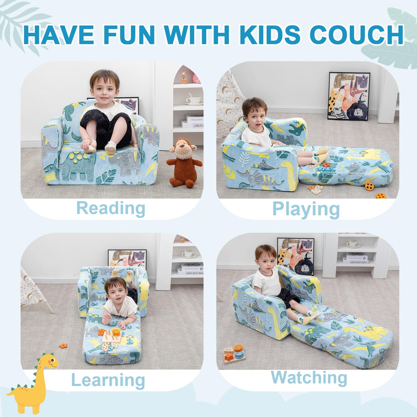 Airpanda Comfy Kids Chair and Couch with Blanket,2-in-1 Soft Fold Out Couch for Girls and Boys,Convertible Sofa Chair for Playroom, Green Dinosaur