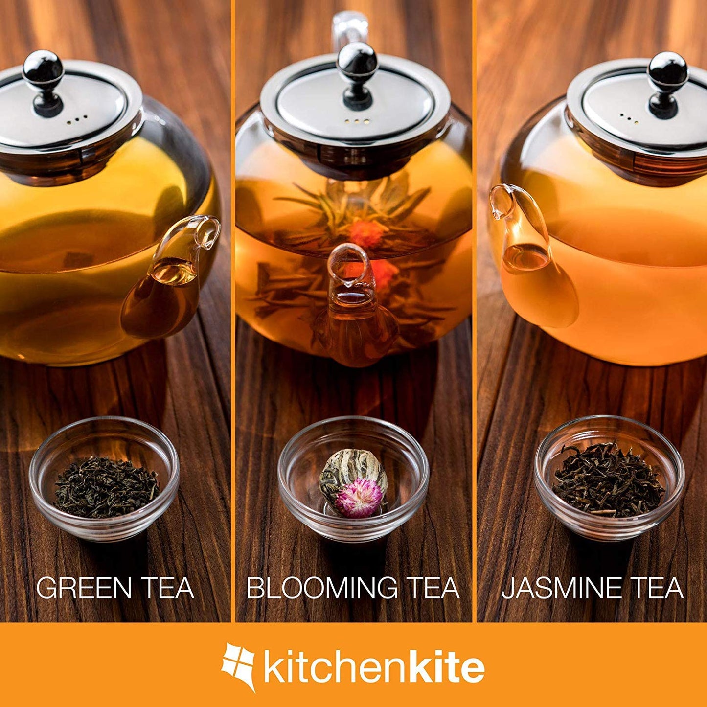 Kitchen Kite Glass Teapot Set with 4 Double Wall Teacups & Removable Stainless Steel Infuser - Microwave Dishwasher Safe Clear Blooming Loose Leaf Teas, Tea Maker Gift