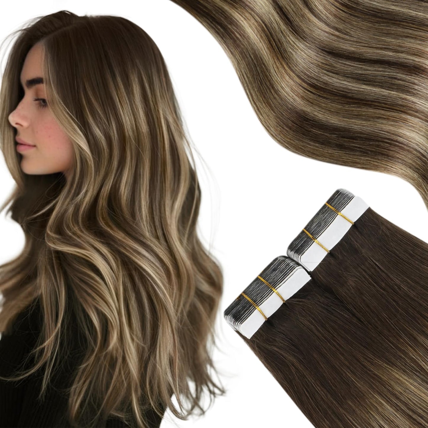 Moresoo Tape in Human Hair Extensions Ombre Tape in Extensions Human Hair Balayage Brown to Caramel Blonde with Brown Hair Extensions Tape in Real Human Hair Extensions 18 Inch #4/27/4 20pcs 50g