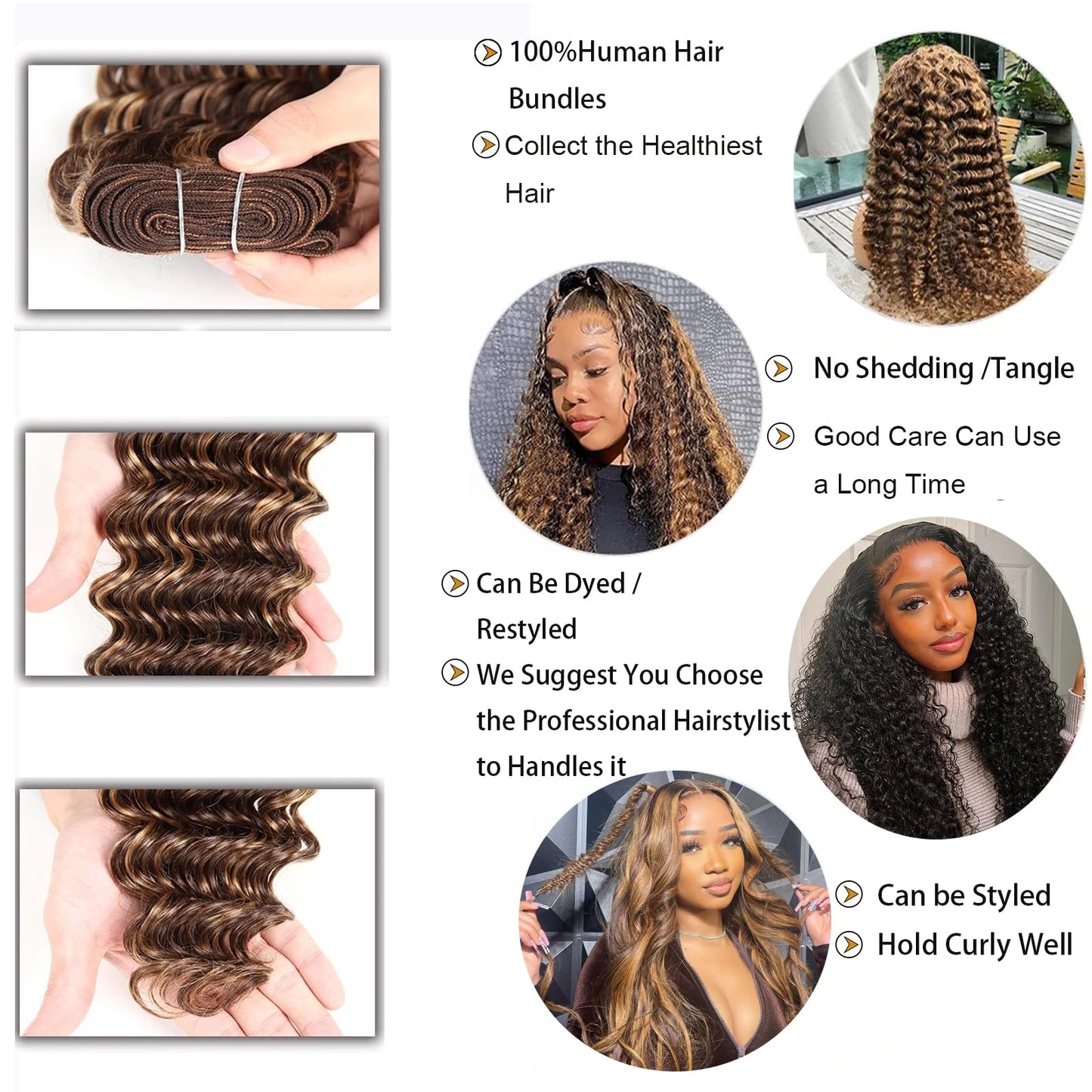 Highlight Bundles Human Hair with Closure, 10a Brazilian Deep Wave Human Hair 4 Bundles with 4x4 Closure 4/27 Color Ombre Bundles Human Hair (Highlight Deep Wave 16 18 20 22+16inch)