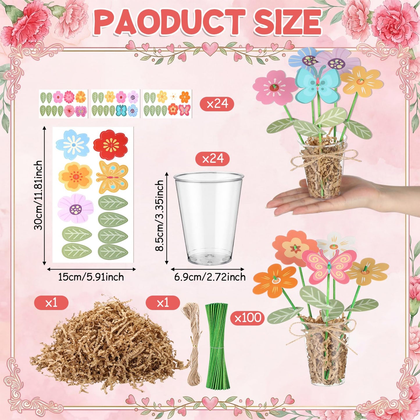 FoldTier 24 Sets Mother's Day Gifts Bulk DIY Flower Bouquet Craft Kit Includes 24 Die-Cut Flower Cards Clear Cups Wooden Stick Twine and Raffia DIY Handmade Gift for Home Mom Creative Activity