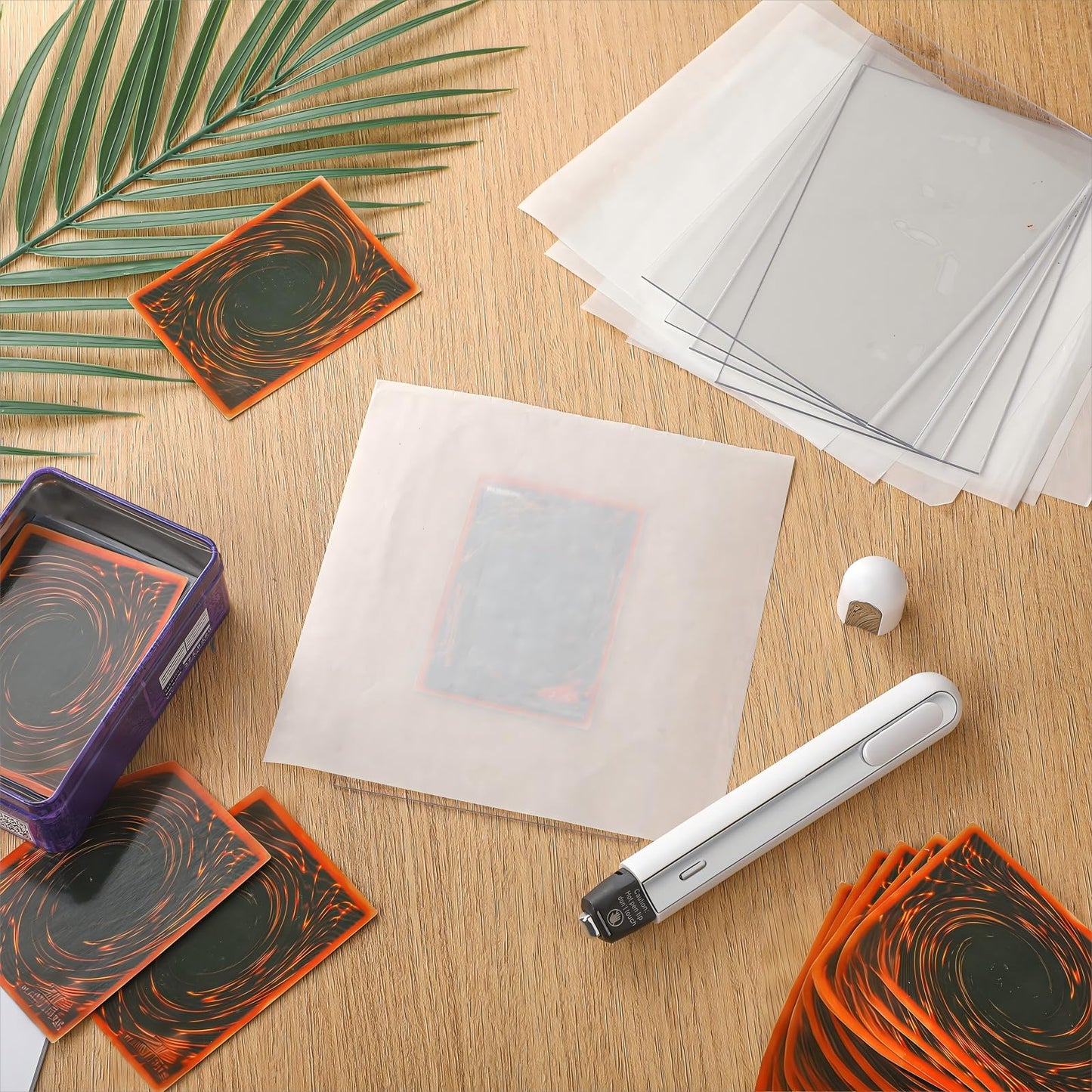 Grinsvalley 47 Pcs Card Flattening Kit Thermal Pen Card Based Care Tool Accessory Set Include 1 White Crease Reducer Thermal Pen 25 Heat Papers 20 Heat Vinyl Clear Sheets and 1 USB Charging