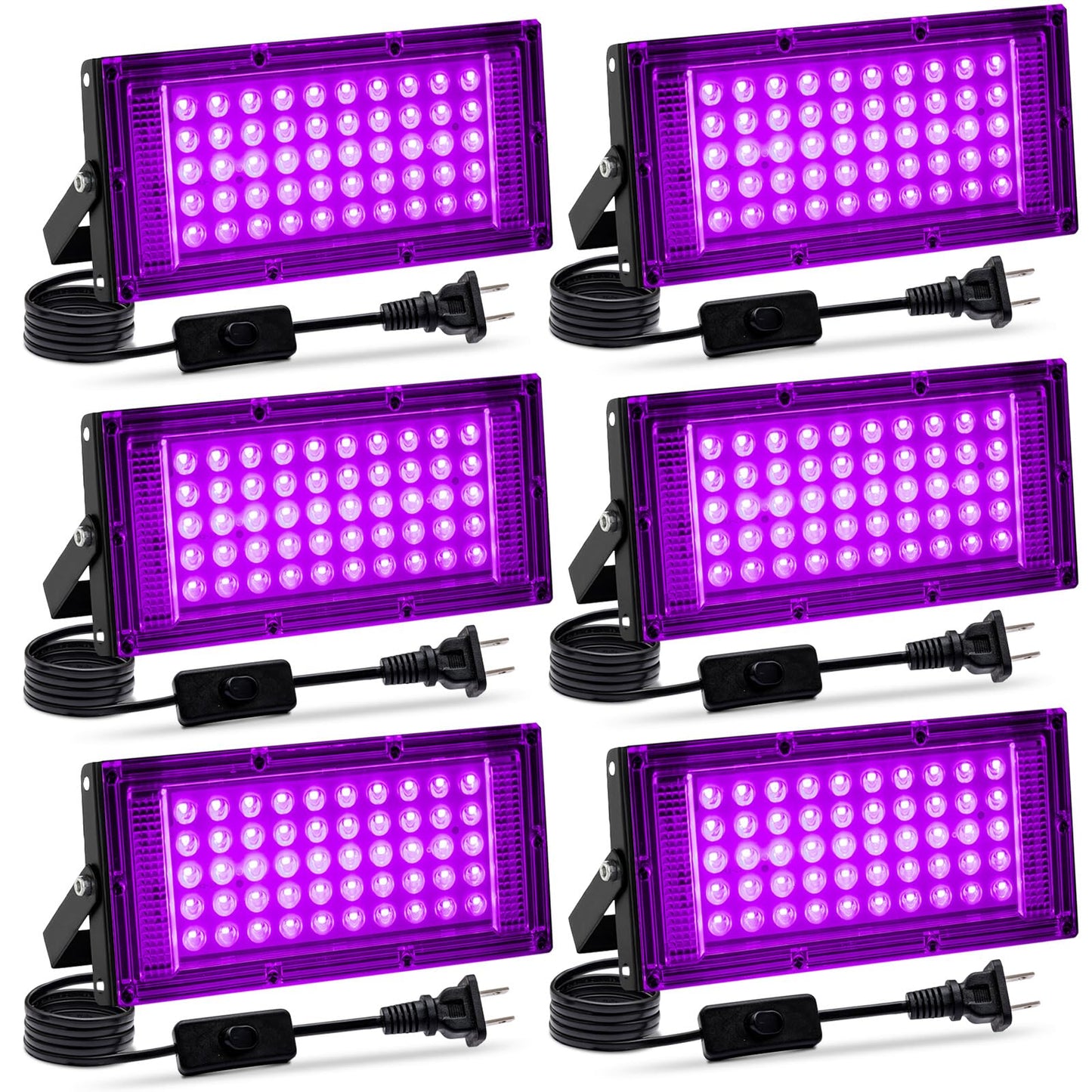 Akpgf 6 Pack 50W Black Light, LED Blacklight with US Plug and Switch, Black Lights for Glow Party,Halloween,Body Painting,Birthday Party,Fluorescent Painting and Tapestry