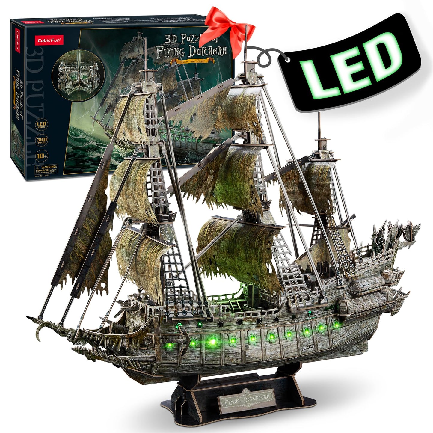 CubicFun 3D Puzzles for Adults Crafts for Adults Gifts for Men Women Green LED Flying Dutchman 360 Pieces Pirate Ship Family Games Birthday Gifts for Men, Lighting Ghost Ship Room Decor Model Kits