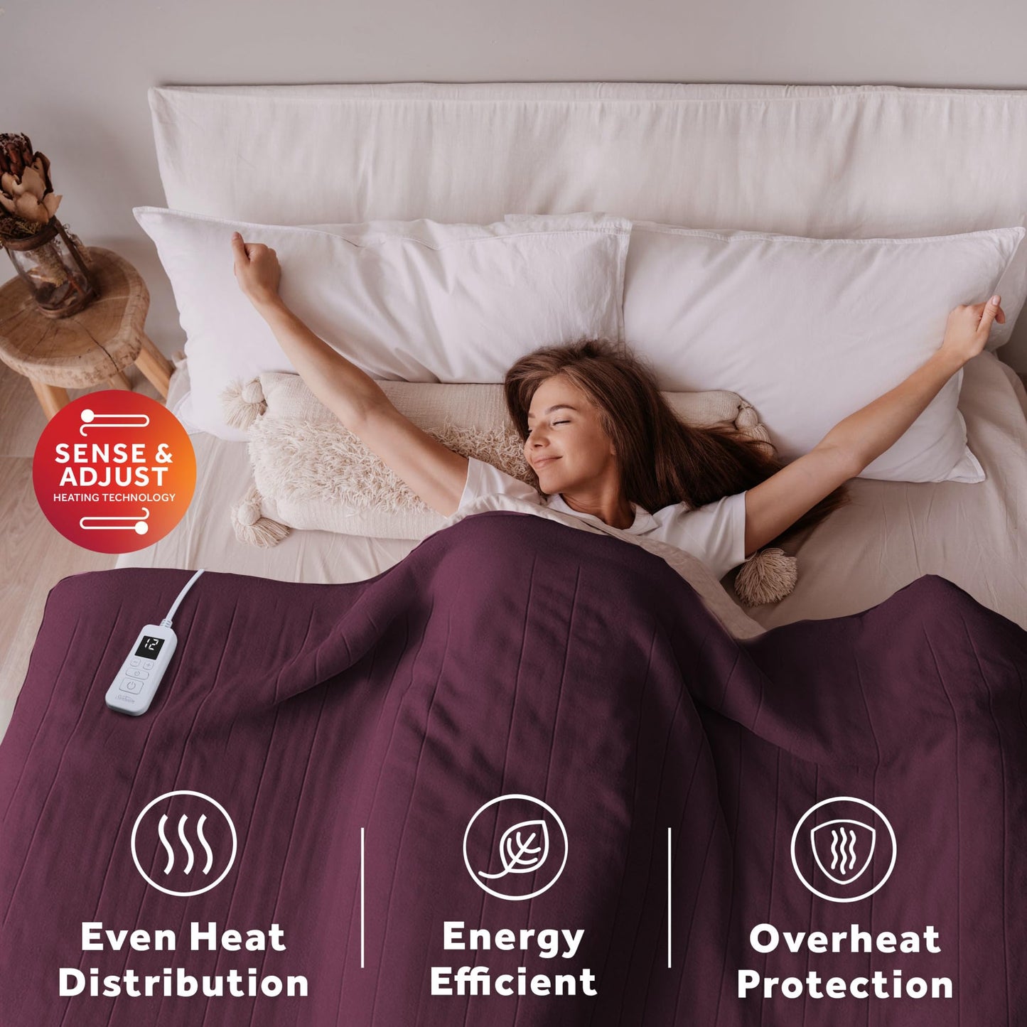 Sunbeam Royal Ultra Fleece Heated Electric Blanket Twin Size, 84" x 62", 12 Heat Settings, 12-Hour Selectable Auto Shut-Off, Fast Heating, Machine Washable, Warm and Cozy, Claret
