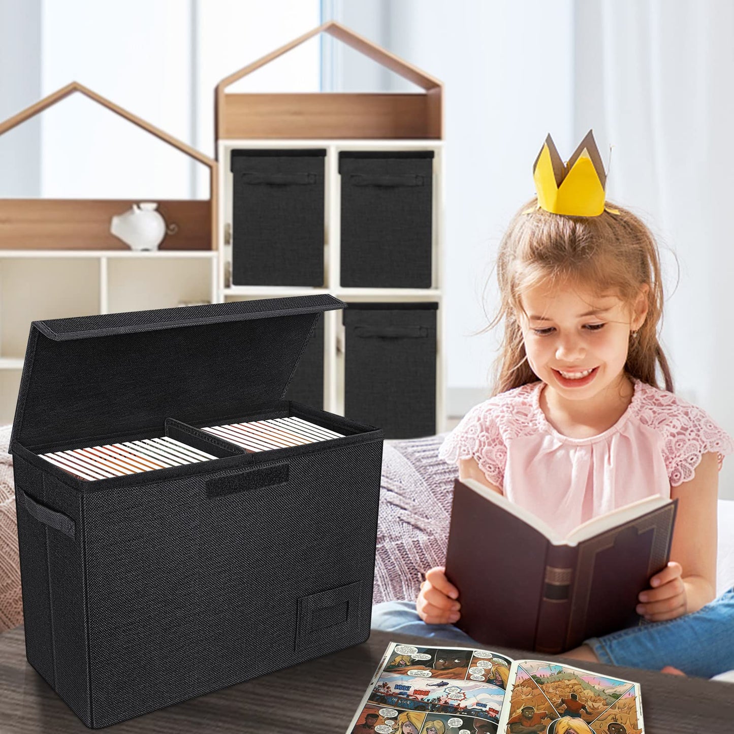 YSCare 4-Pack Comic Book Storage, Collapsible Comic Book Case with Dividers and Carrying Handles, Comics Short Box Holds 150 Comics, 15.5" X 7.5" X 11.3" Heavy-Duty Stackable Case