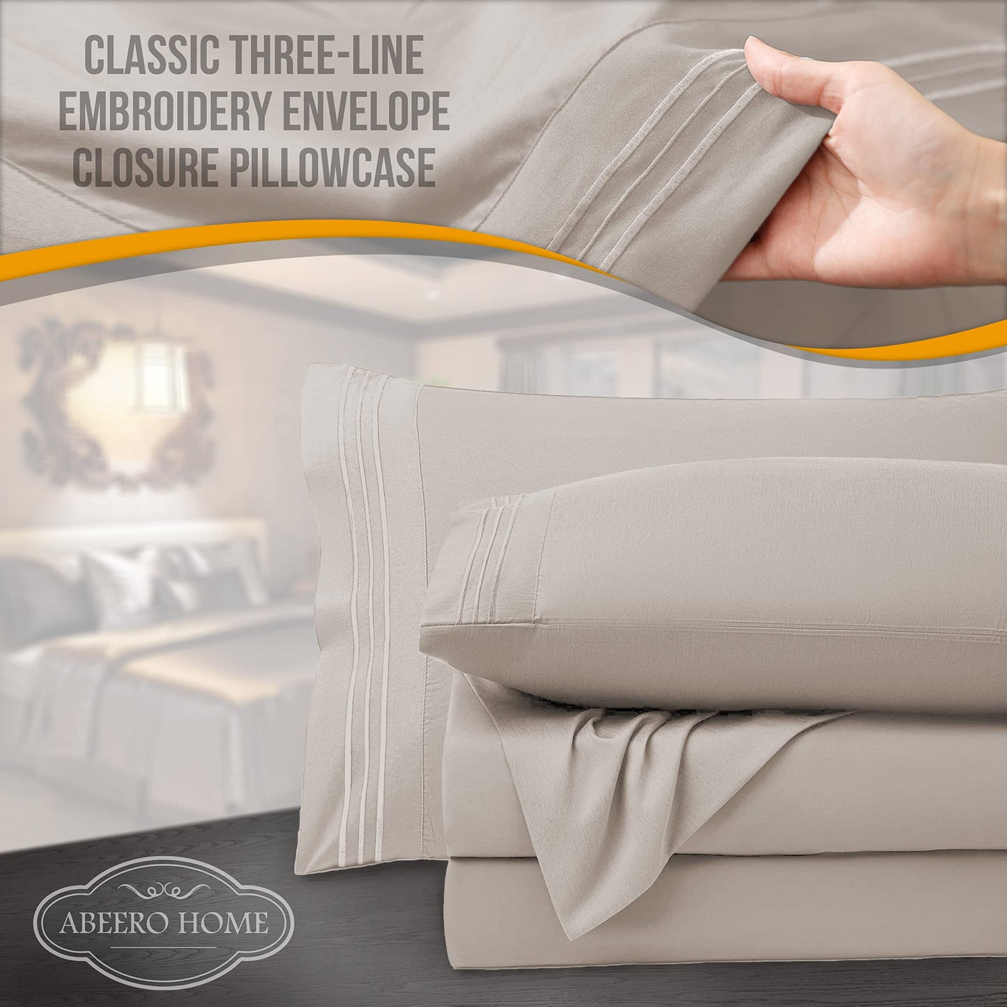 Abeero Home King Size Sheets Set Cooling - Luxury Hotel Sheets - Soft Bed Sheet with Elastic Corner Straps - Deep Pockets Microfiber Bedsheet - Bedding Sheet & Pillowcases - 4 Piece (King, Beige)