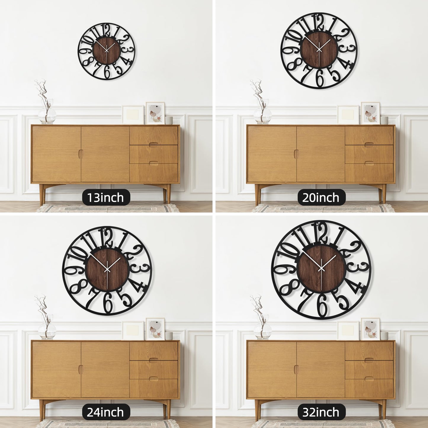 Maxstar Round Wall Clock for Living Room Decor Battery Operated Non Ticking Black Metal Wood Clocks for Home Living Room Garden Office Kitchen Decoration -16 inch