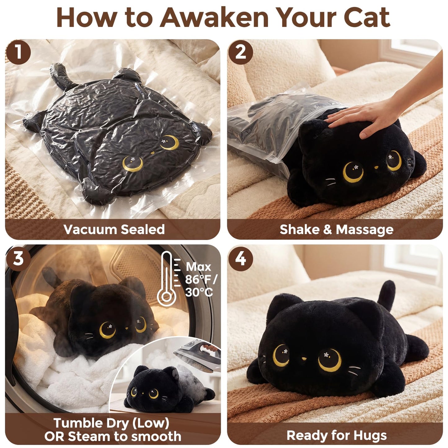 Cute Black Cat Plush Pillow, Kawaii Plushies Black Cat Stuffed Animals, Squishy Plushies, Cuddle Plush Pillow for Kids & Girls (20 Inch)
