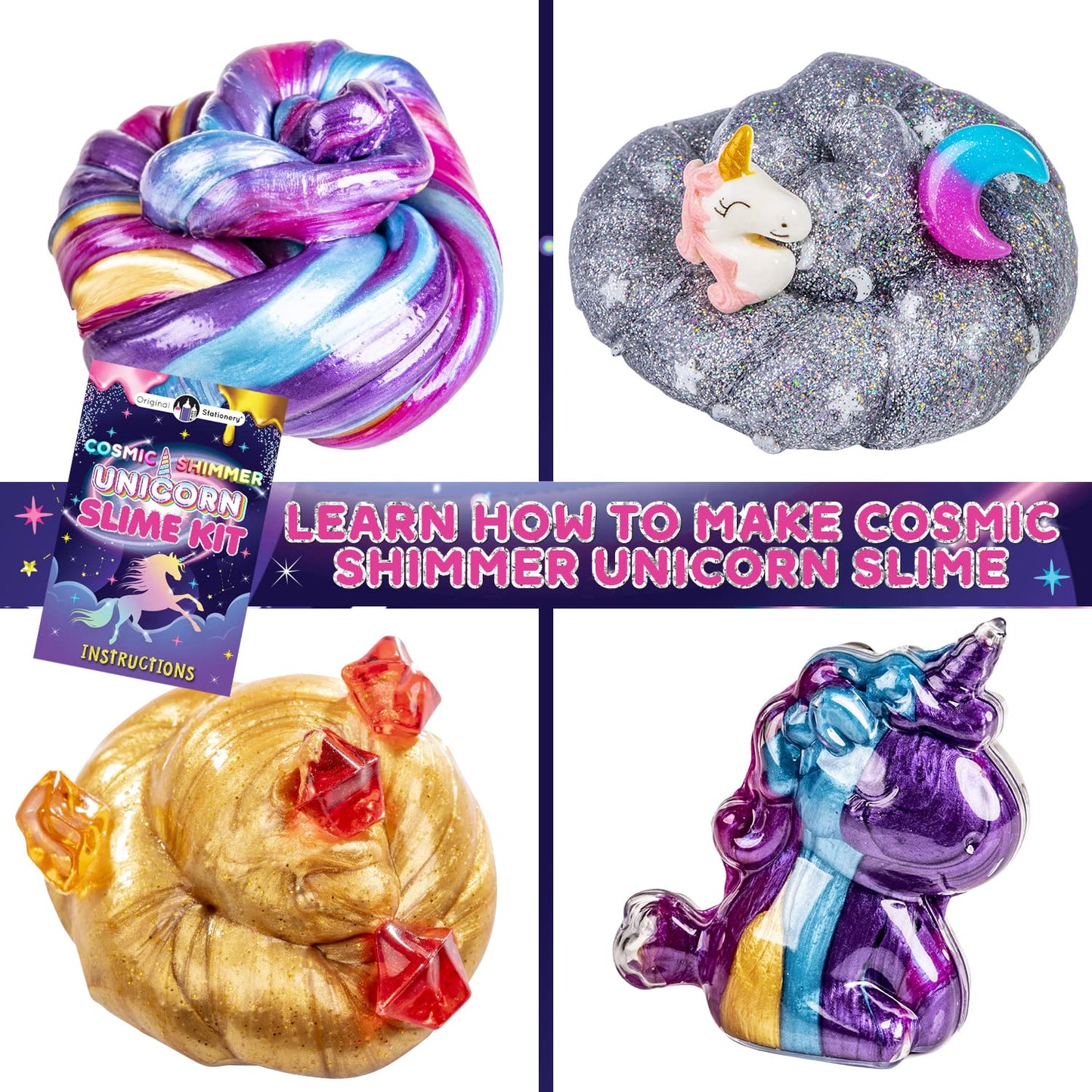 Original Stationery Unicorn Slime Kit for Girls Ages 7–12, DIY Shimmer Slime Set with Glow-in-The-Dark, Pearlescent, Holographic & Glitter Slimes, Creative Craft, Birthday Gift for Kids
