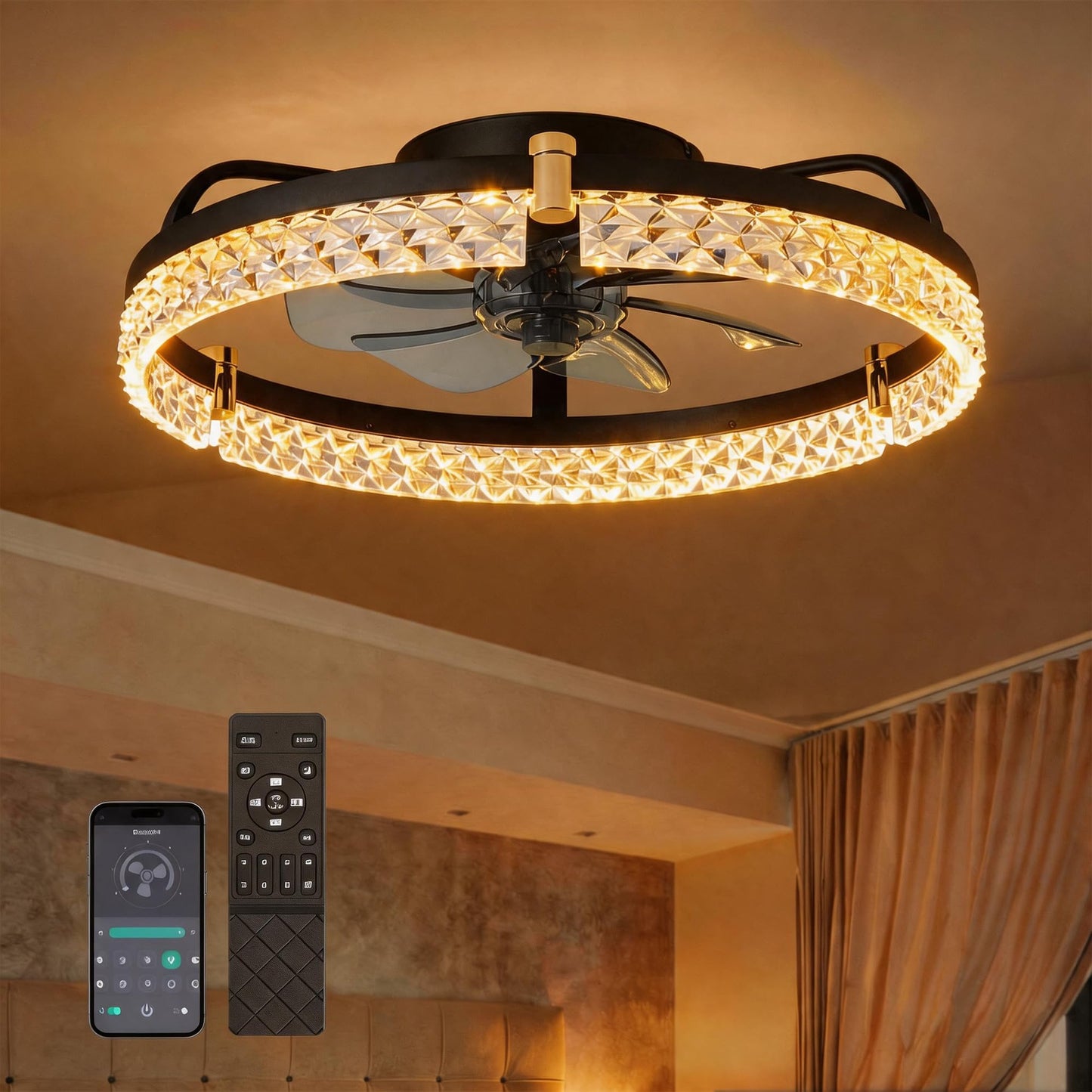DIAMONDFORGE Ceiling Fans with Lights and Remote Fandelier - Low Profile Modern - 20'' Flush Mount Ceiling Fans for Bedroom,Stepless Color Temperature and 6 Speeds- Black and Crystal