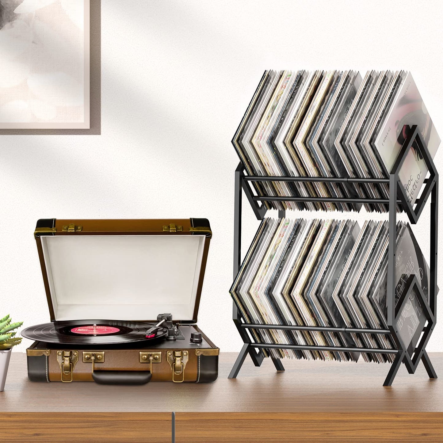 RUILALIFE 2-Tier-Vinyl-Record-Storage-Holder With Dividers, 200 LPs Albums Storage Rack Shelf, Steel Music Records Display Shelf Organizer For Book, Magazine, Files,Matte Black
