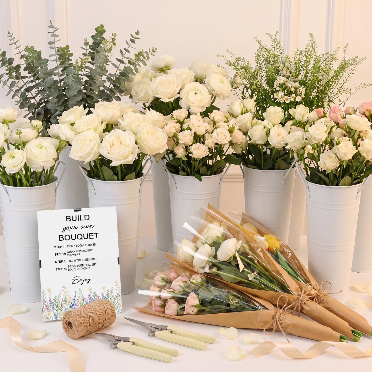 Thenshop 60 Pieces Wedding Flower Bar Set Includes 6 Metal Vases, 50 Bouquet Wrapping Bags, 2 Scissors, Flower Bar Sign and Hemp Rope for Wedding Reception Table, DIY Bouquets, Party Gifts(White)