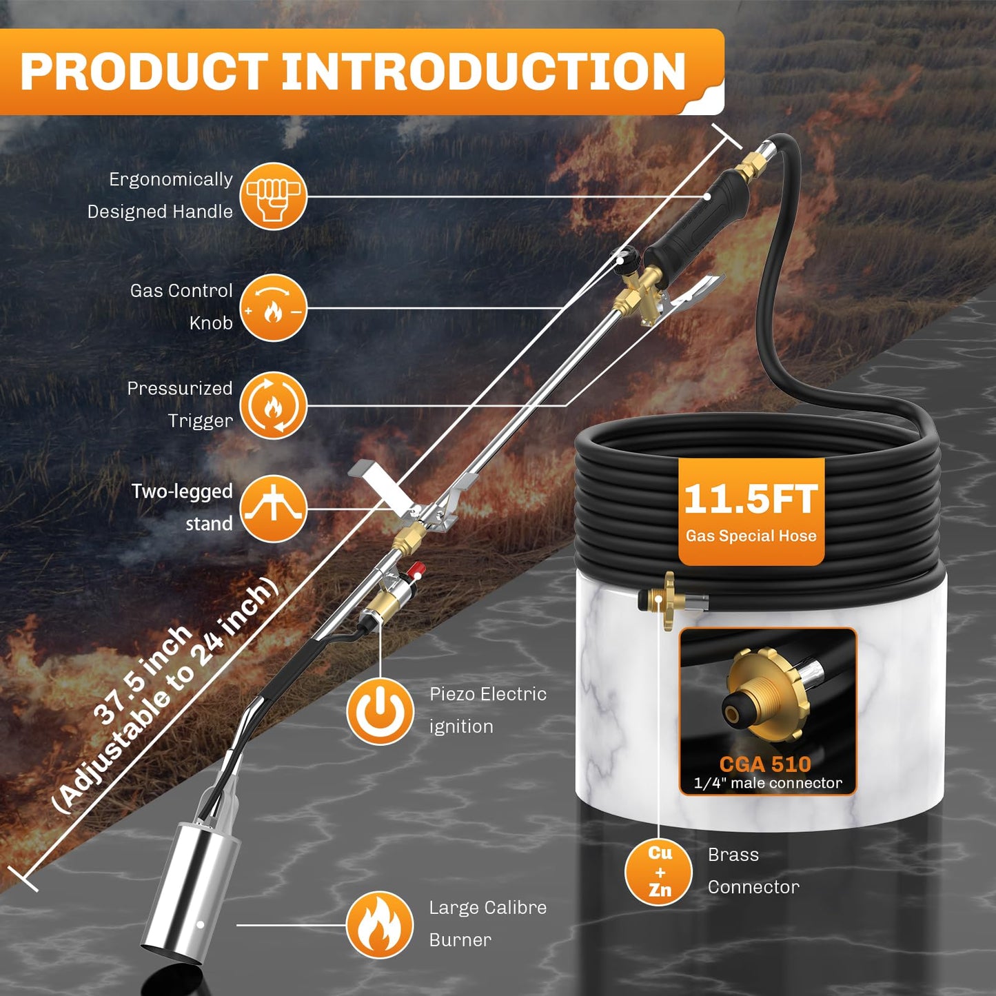 WELLUCK Propane Torch Weed Burner, Weed Torch 1,800,000 BTU Flame Weeder with CGA 510 11.5FT Hose, Heavy Duty Blow Torch with Self Igniter, Flamethrower for Weeding, Barbecue, Asphalt, Snow Melting