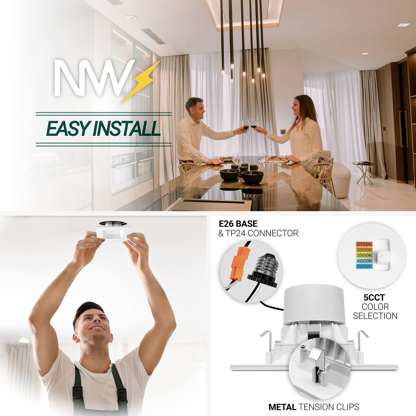 NUWATT 4 Pack, 4 Inch Retrofit LED Square Recessed Lighting, 5CCT 2700K/3000K/3500K/4000K/5000K Selectable, 750 Lumens 11W, Dimmable Ceiling Light, White Square Trim Can Light, Wet Rated, ETL Listed