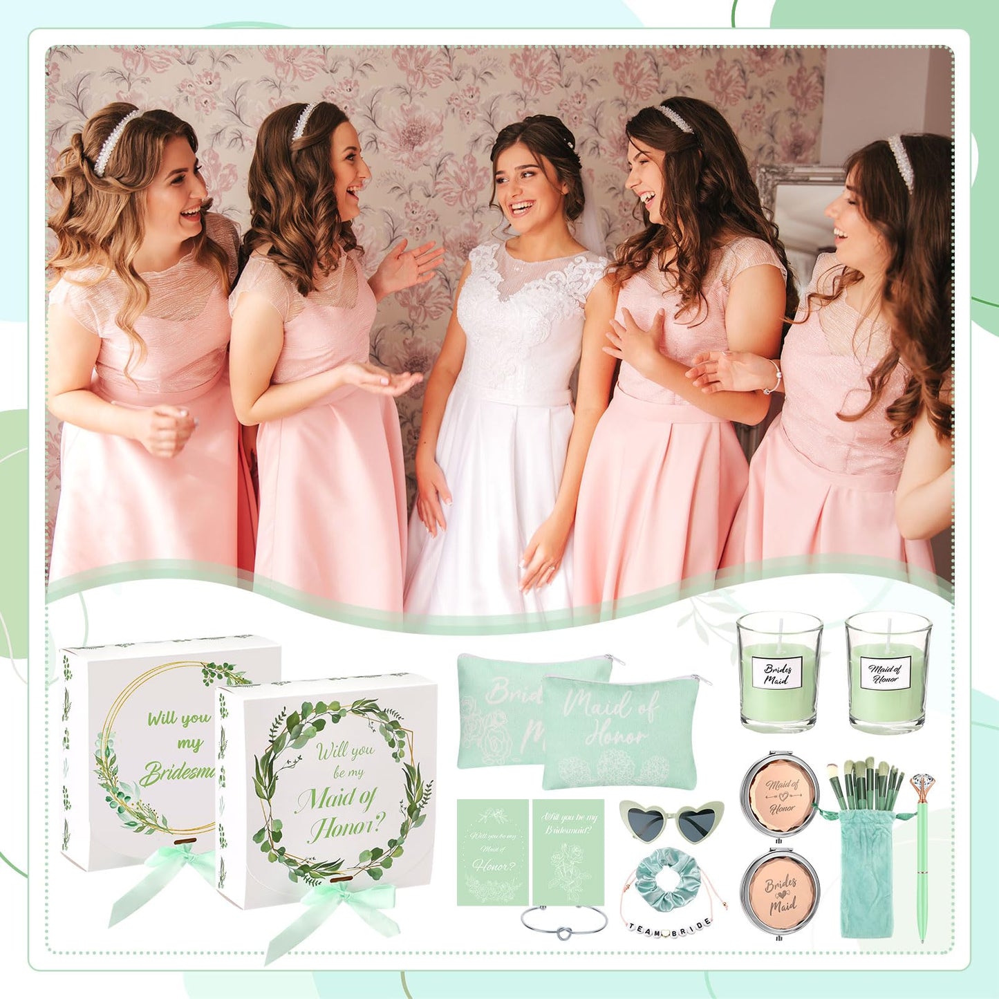 Nuogo 88 Pcs Bridesmaid Proposal Gifts Maid of Honor Gift Bridal Shower Gifts Cosmetic Makeup Bags Invited Cards Knotted Bracelets Scrunchies Hair Diamond Pens Favors for Wedding(Green, Modern)